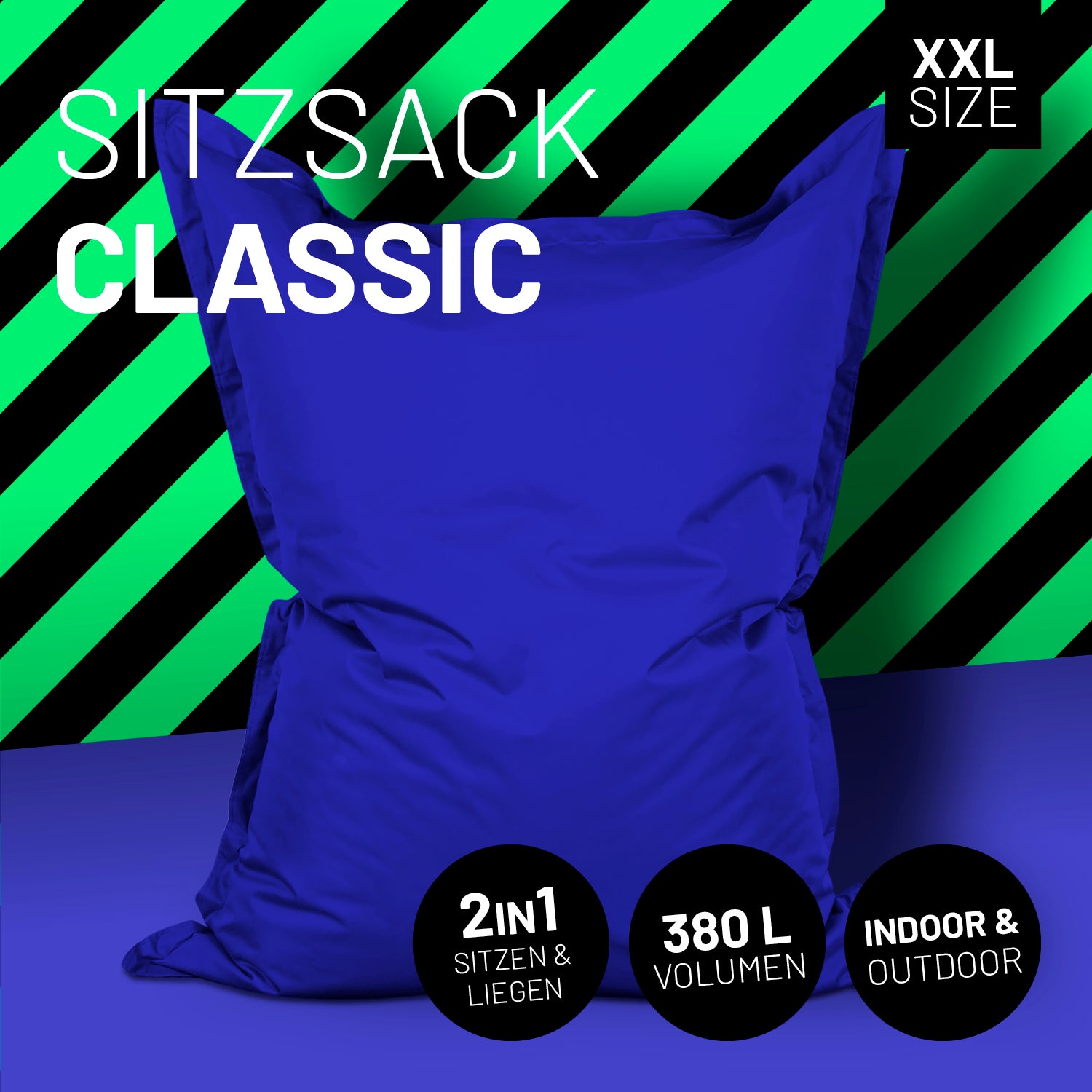 Sitzsack Classic XXL (380 L) in Royalblau, 2in1 für Indoor & Outdoor, mit robustem Material und großem Volumen zum Sitzen und Liegen.