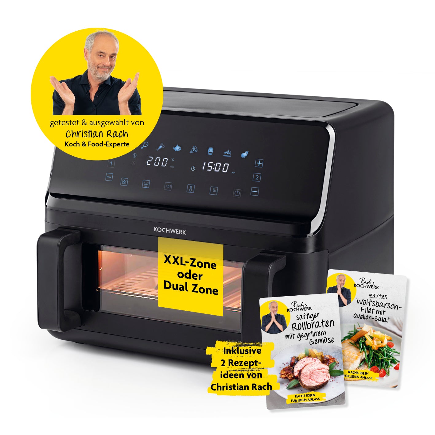 Heißluft-Fritteuse Vario-Doppelkammer 9l mit Dual-Zone, digitalen Programmen und 2 Rezeptideen von Christian Rach.