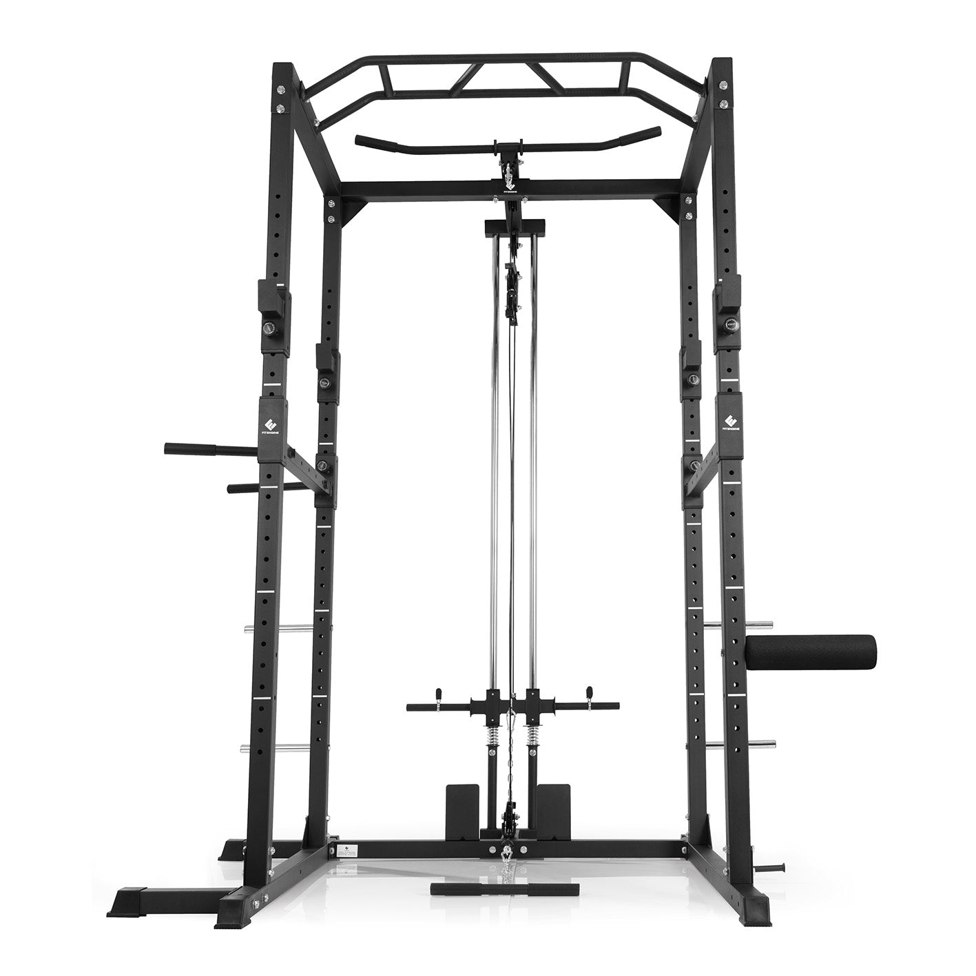 Power Rack mit Latzug, Klimmzugstange, verstellbaren Safety Bars und Ablage für Hantelscheiben, stabile Power Cage Konstruktion.