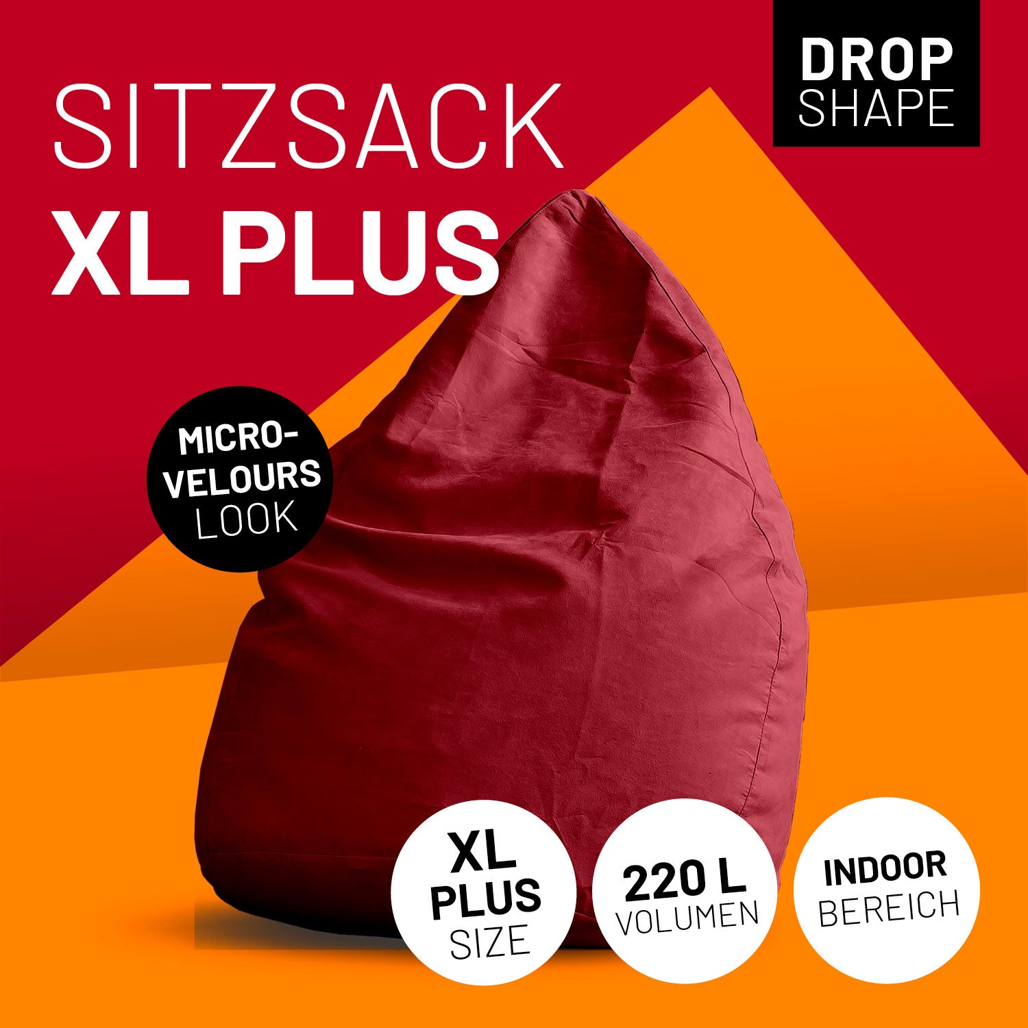 Luxury XL PLUS Sitzsack (220 L) in Rot mit mikrovelours Look, formstabil und ideal für den Indoor-Bereich.
