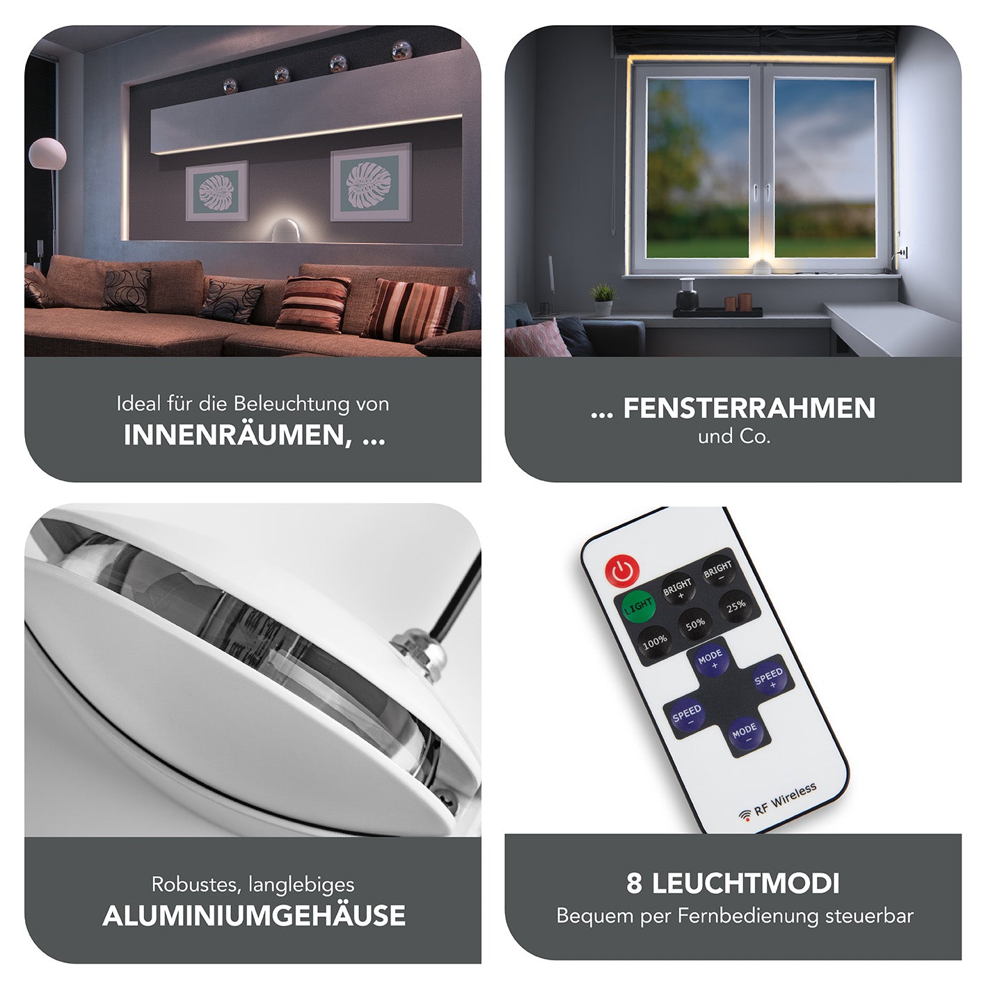 LED-Rahmen-Projektor - weiß mit warmweißer Beleuchtung, 8 Leuchtmodi, Aluminiumgehäuse, ideal für Innenräume und Fensterrahmen.