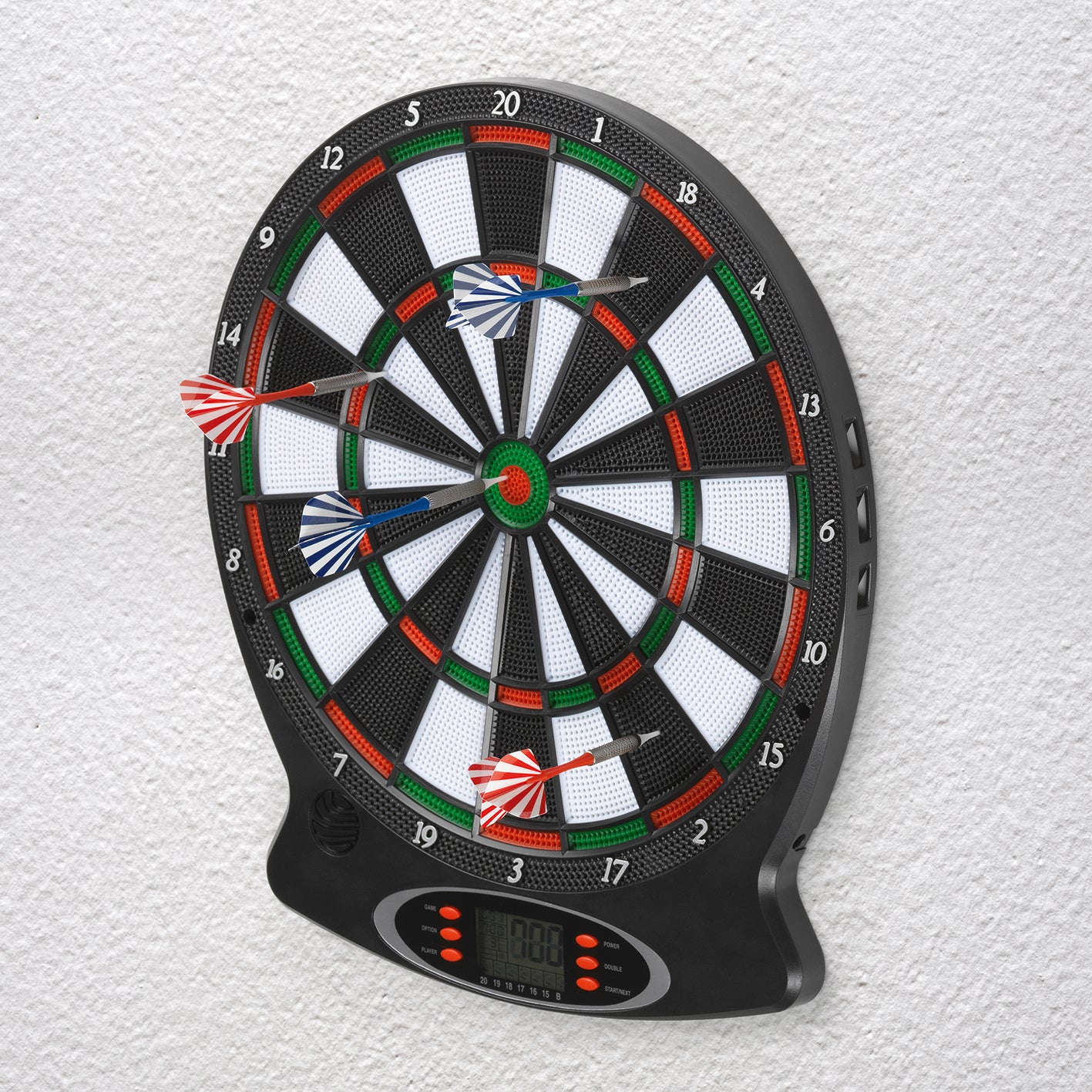 Dartscheibe mit 6 Pfeilen und 6 Ersatzspitzen + Batterien, elektrische Anzeige und Soundeffekte, 18 Spiele für 1-8 Spieler.