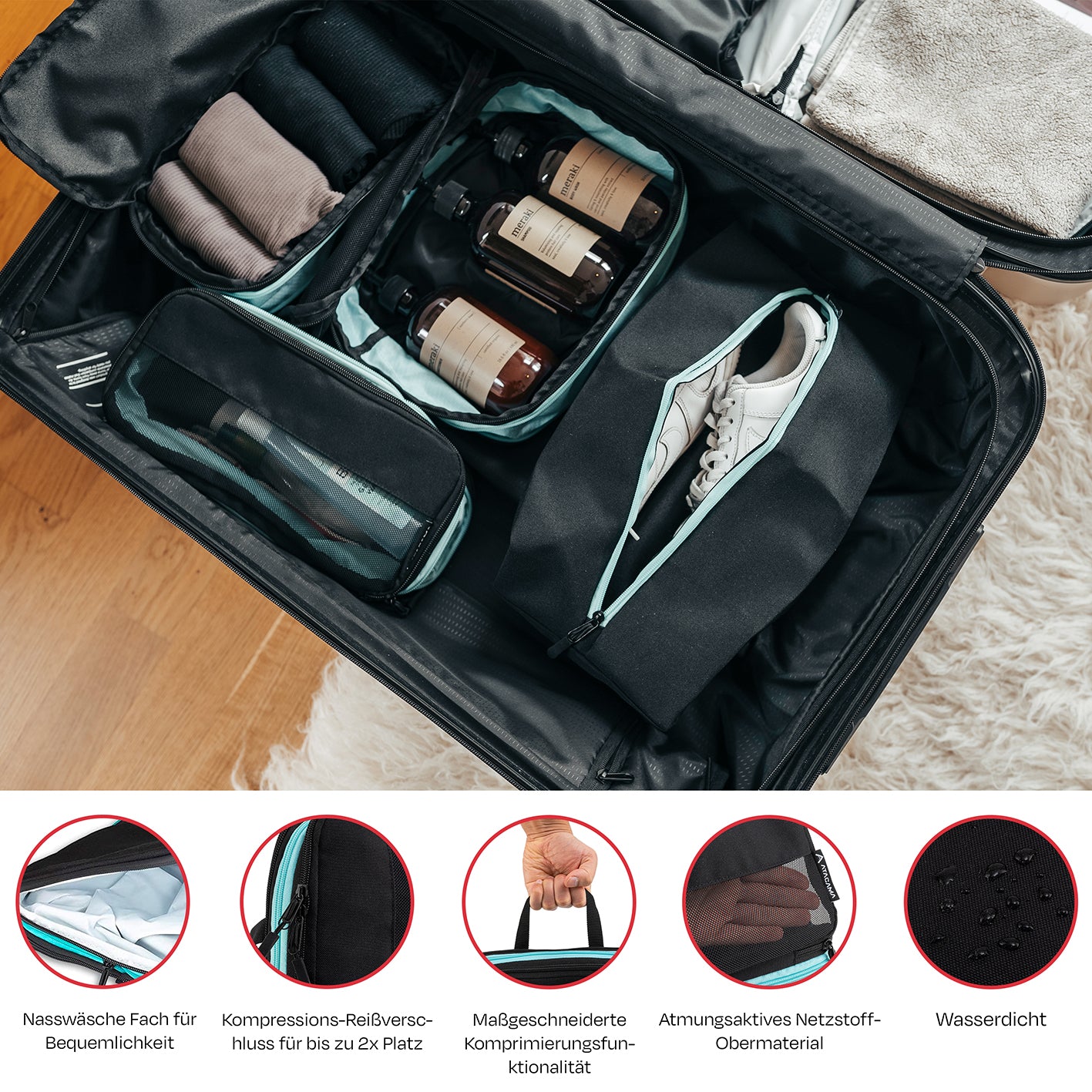 Kompressions-Packwürfel-Set / 4er-Set - Schwarz-Türkis im geöffneten Koffer, Packwürfel mit Sichtfenster und Nasswäschefach.
