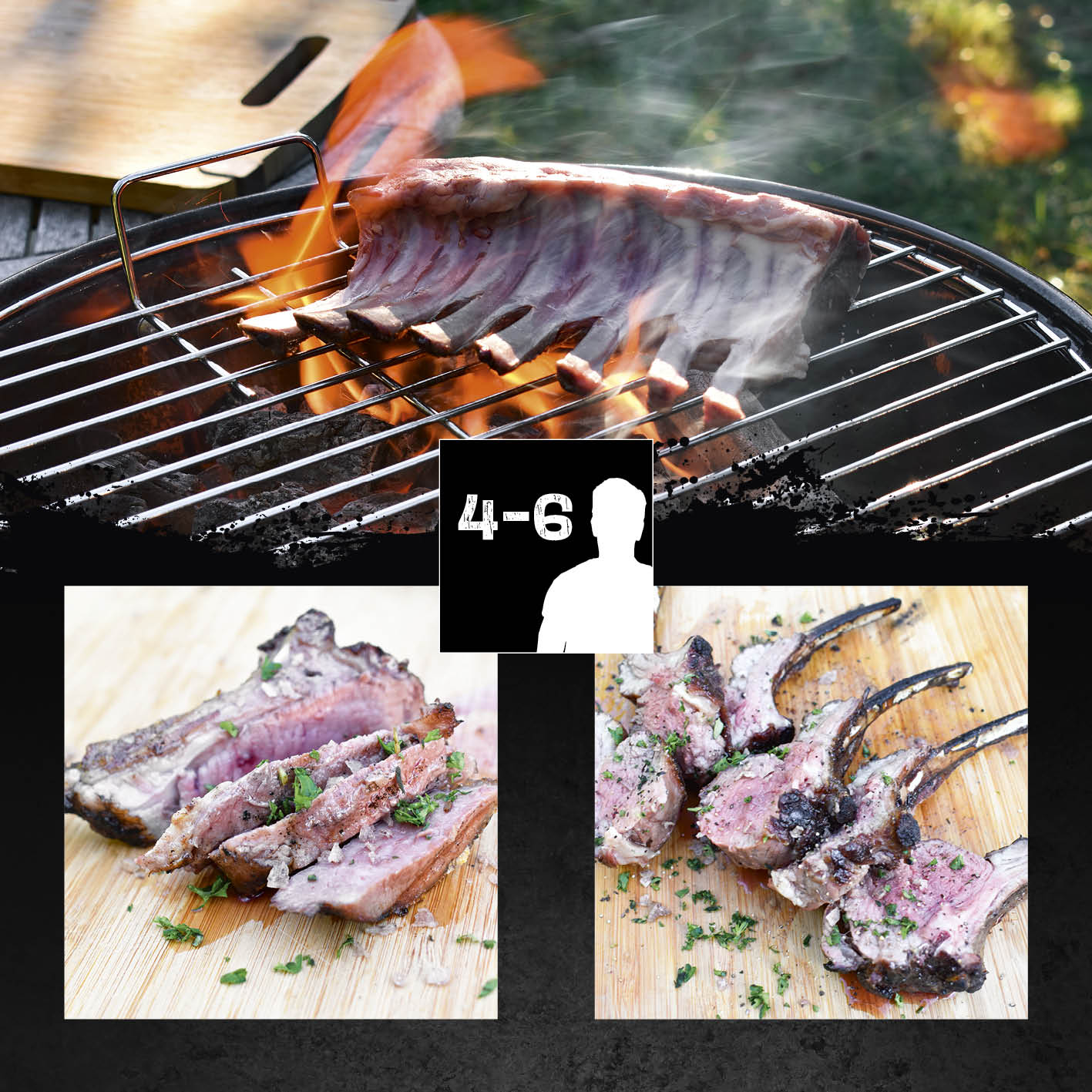 Holzkohle-Kugelgrill mit Flammengrillen und gegrillten Lammkoteletts, ideal für 4-6 Personen, kompakt und mobil.