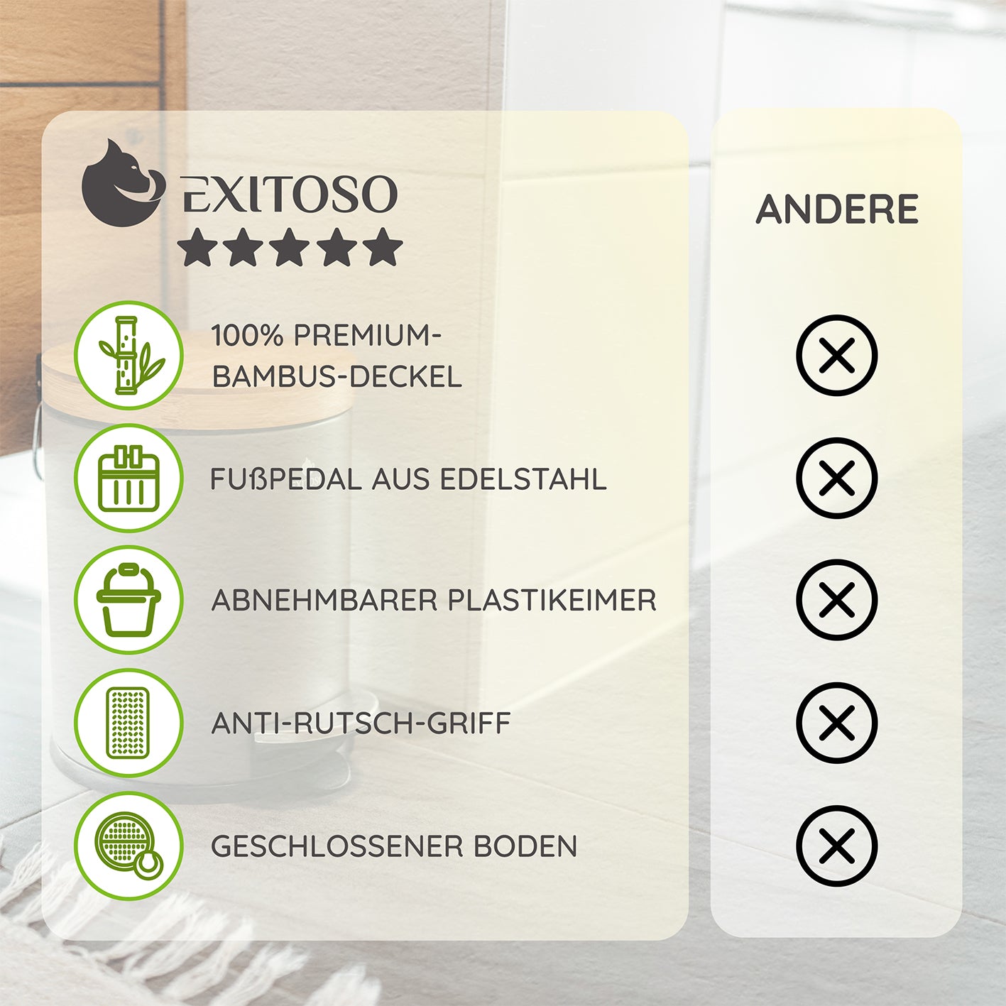 Tretmülleimer mit Softclose-Deckel - 5 l - Grau mit Bambusdeckel, Edelstahl-Fußpedal, Anti-Rutsch-Griff und geschlossenem Boden.