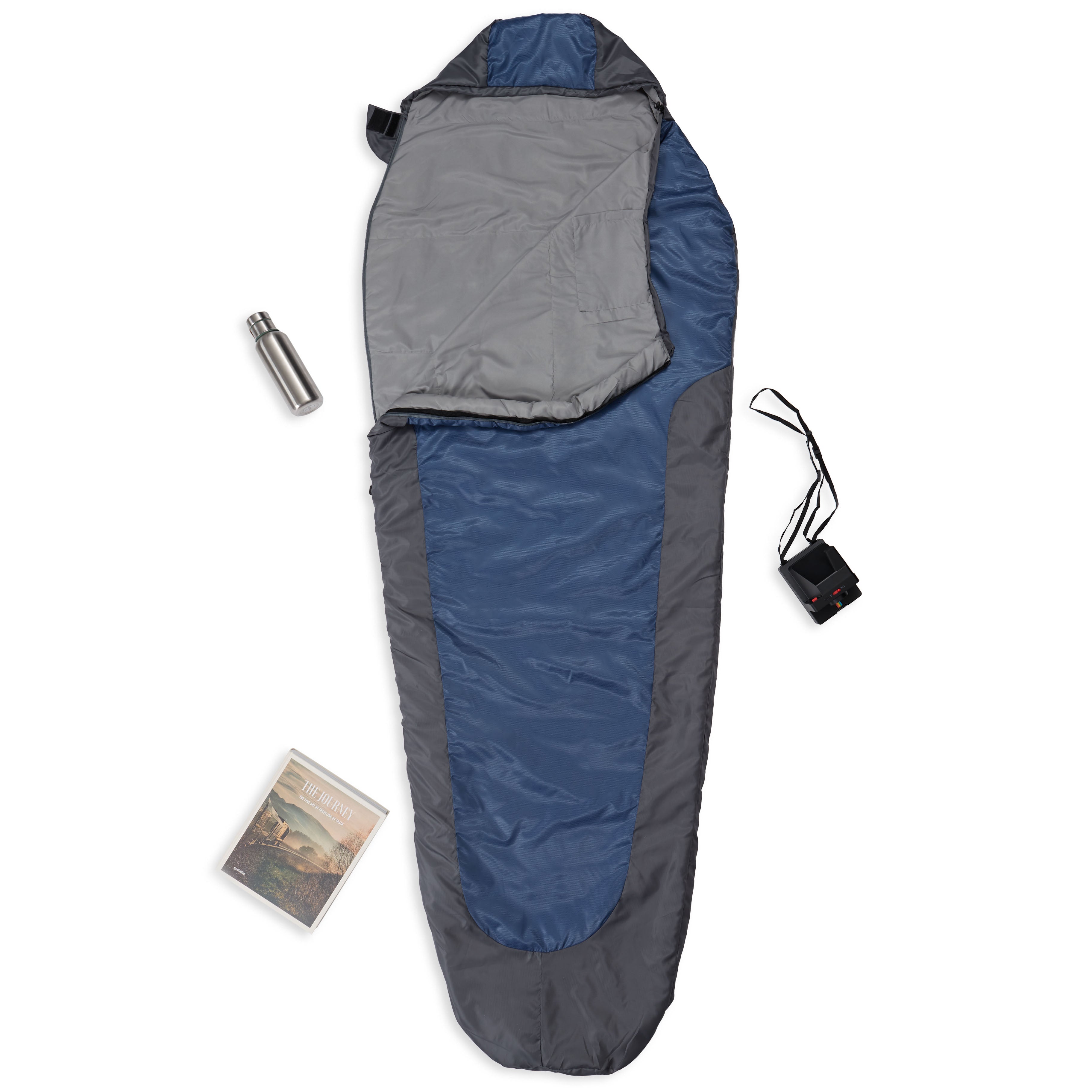 Camping Schlafsack Small & Light Mumienschlafsack grau-navyblau mit wasserabweisendem Material und Kordelzug, 220 x 80 x 50 cm.