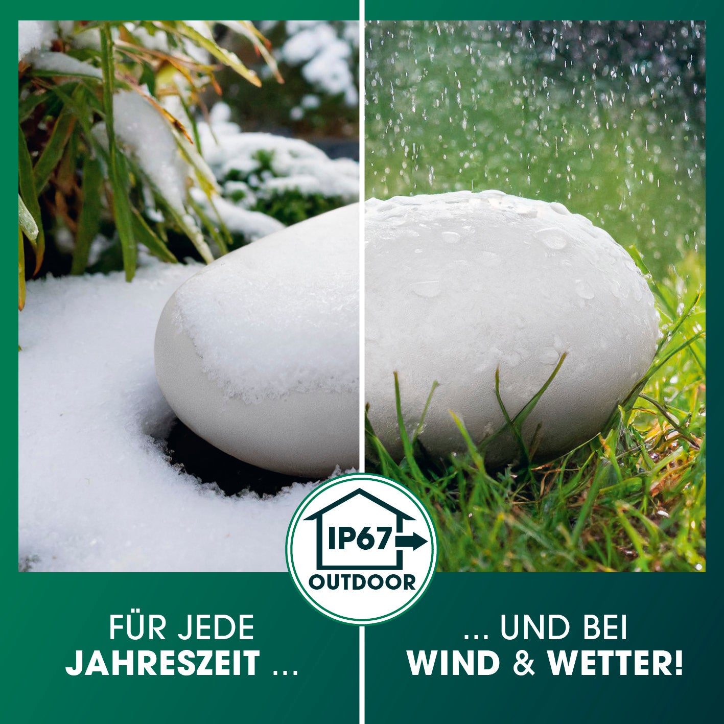 Solar-Leuchte Stein mit Farbwechsel, robust, witterungsbeständig IP67, funktioniert bei Schnee, Regen, Wind und allen Jahreszeiten.