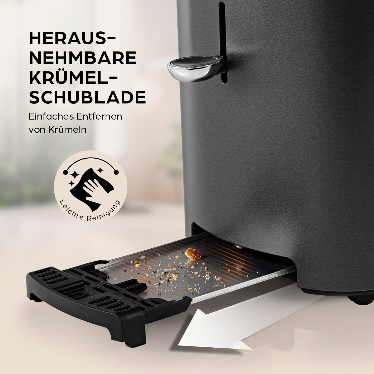 Toaster - Anthrazit mit herausnehmbarer Krümelschublade für einfache Reinigung und praktischen Komfort.