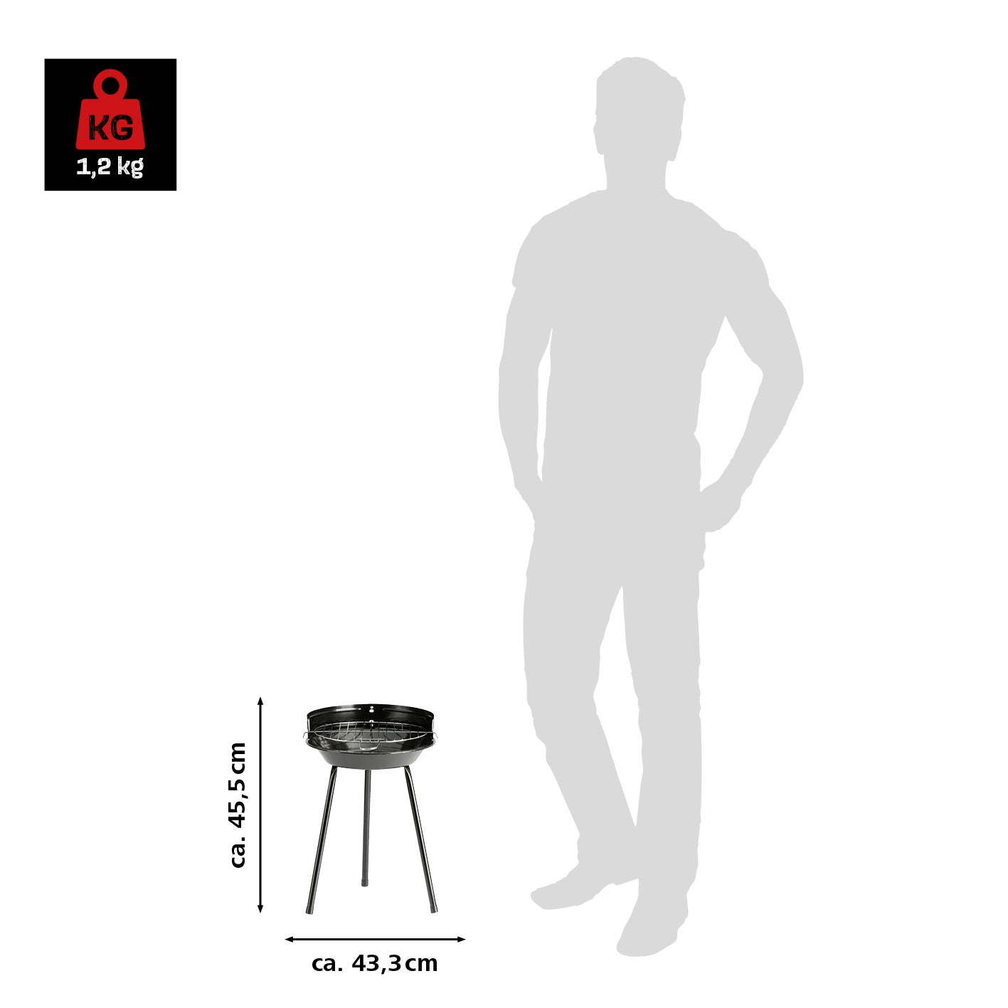 Holzkohle-Rundgrill, kompakt, leicht (1,2 kg), mit verchromtem Grillrost und stabilem Stand, ideal für 2-3 Personen unterwegs.