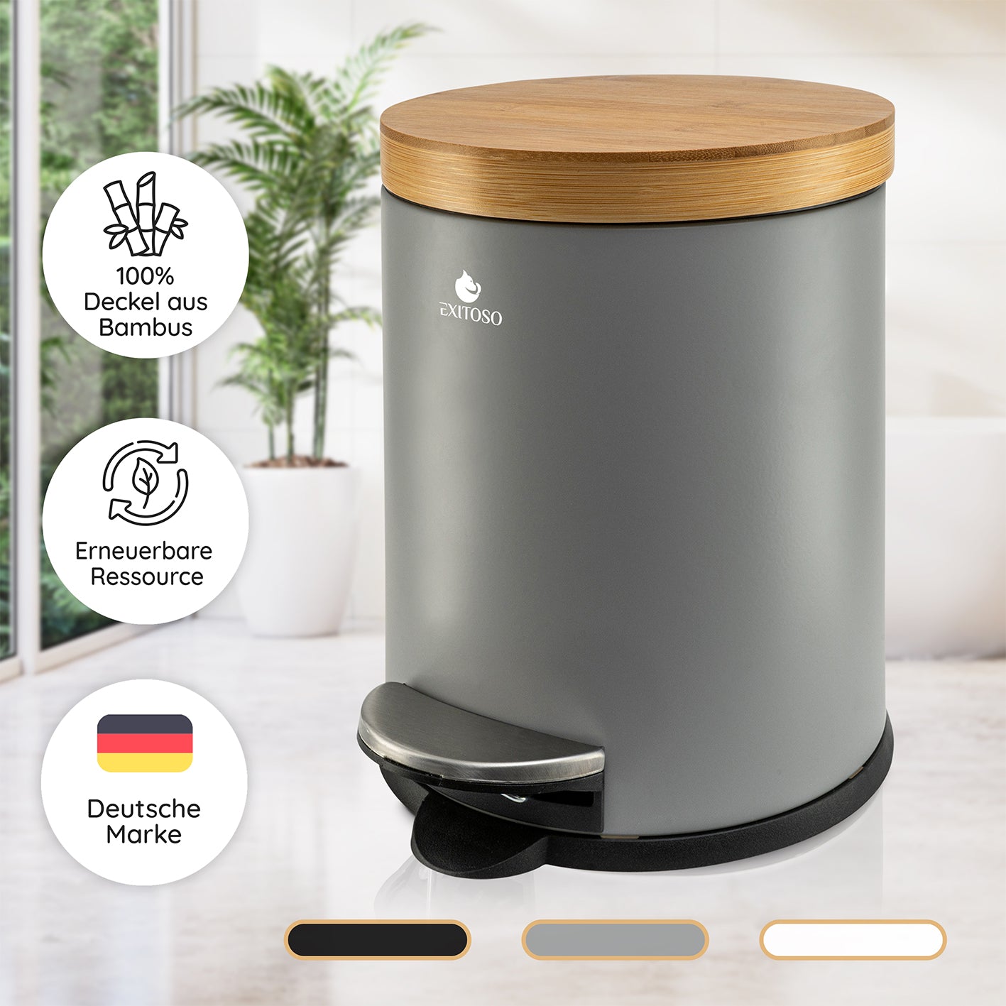 Tretmülleimer mit Softclose-Deckel - 5 l - Grau mit Bambusdeckel, Softclose-Funktion und rutschfestem Stand für geräuschloses Schließen.