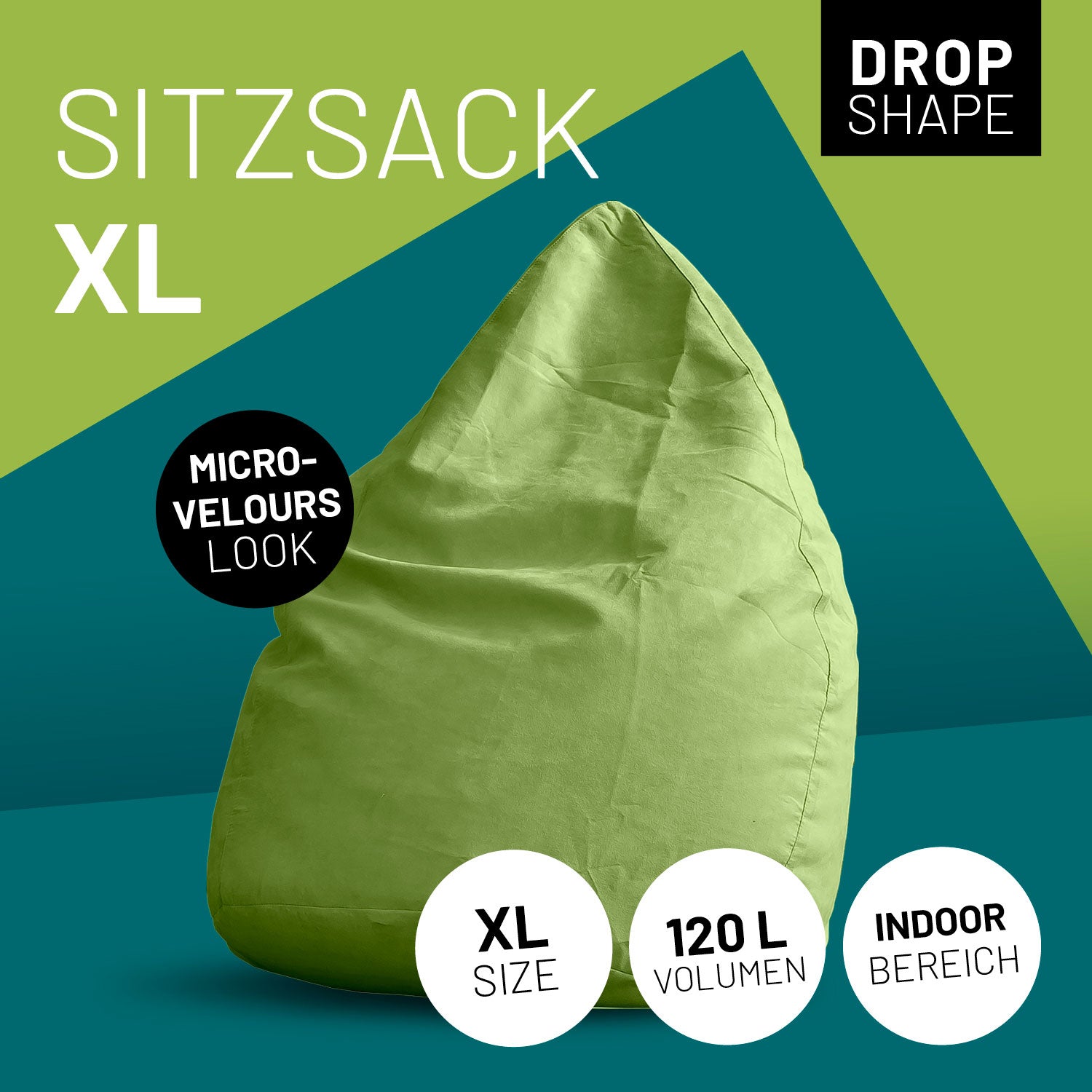 Luxury XL Sitzsack (120 L) - indoor - Grün mit Micro-Velours Look, Drop Shape, 120 Liter Volumen, ideal für moderne Wohnräume.