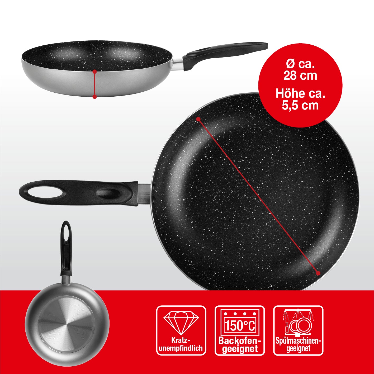 Aluminium-Pfanne mit Cool-Touch-Griff - 28 cm, antihaftbeschichtet, hitzebeständig bis 150 °C, spülmaschinengeeignet, anthrazit.