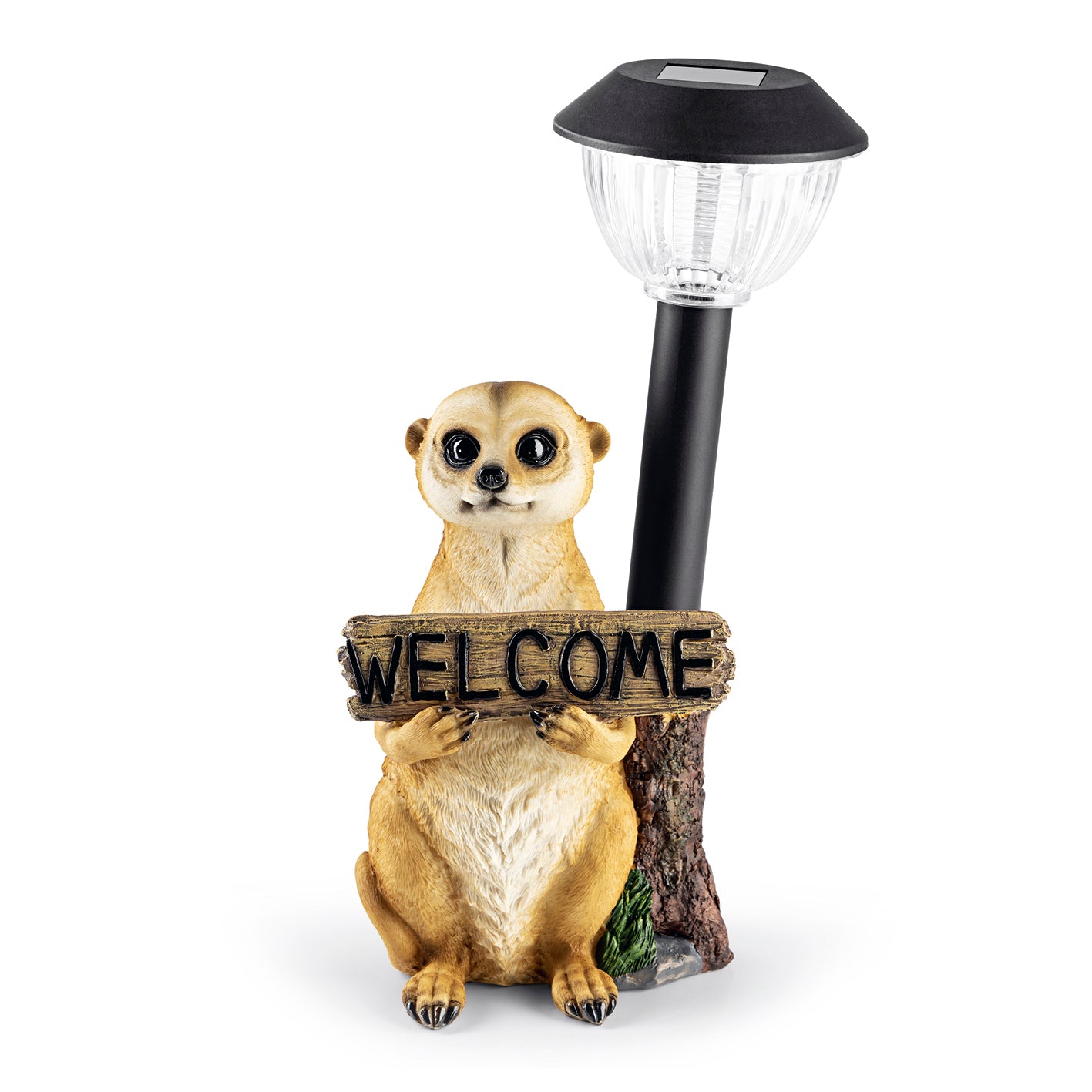 Solarleuchte Erdmännchen mit Laterne/Schild, dekorative Figur mit LED-Solarlicht und "Welcome"-Schild, solarbetrieben mit Dämmerungssensor.