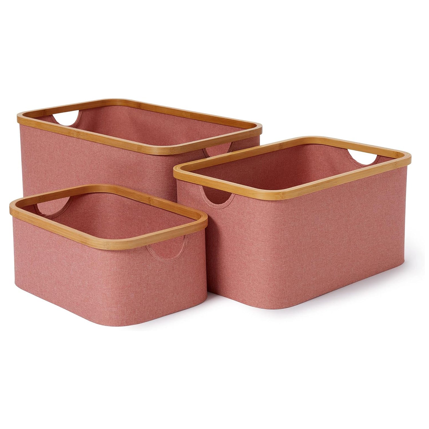 Aufbewahrungsboxen mit Bambus-Rahmen - 3er-Set - Rosa, stapelbare rechteckige Boxen in drei Größen für Ordnung im Haushalt.