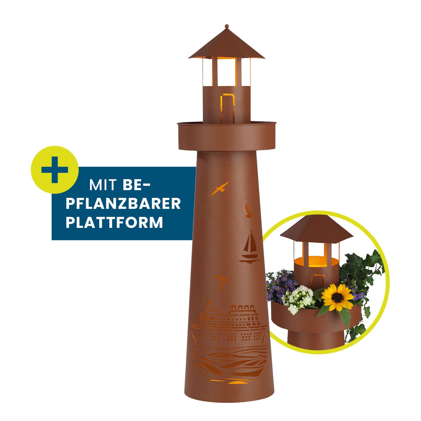 LED Deko-Leuchtturm in Rost-Optik mit maritimem Design, LED-Beleuchtung und bepflanzbarer oberer Plattform, kabellos und mit Timerfunktion.