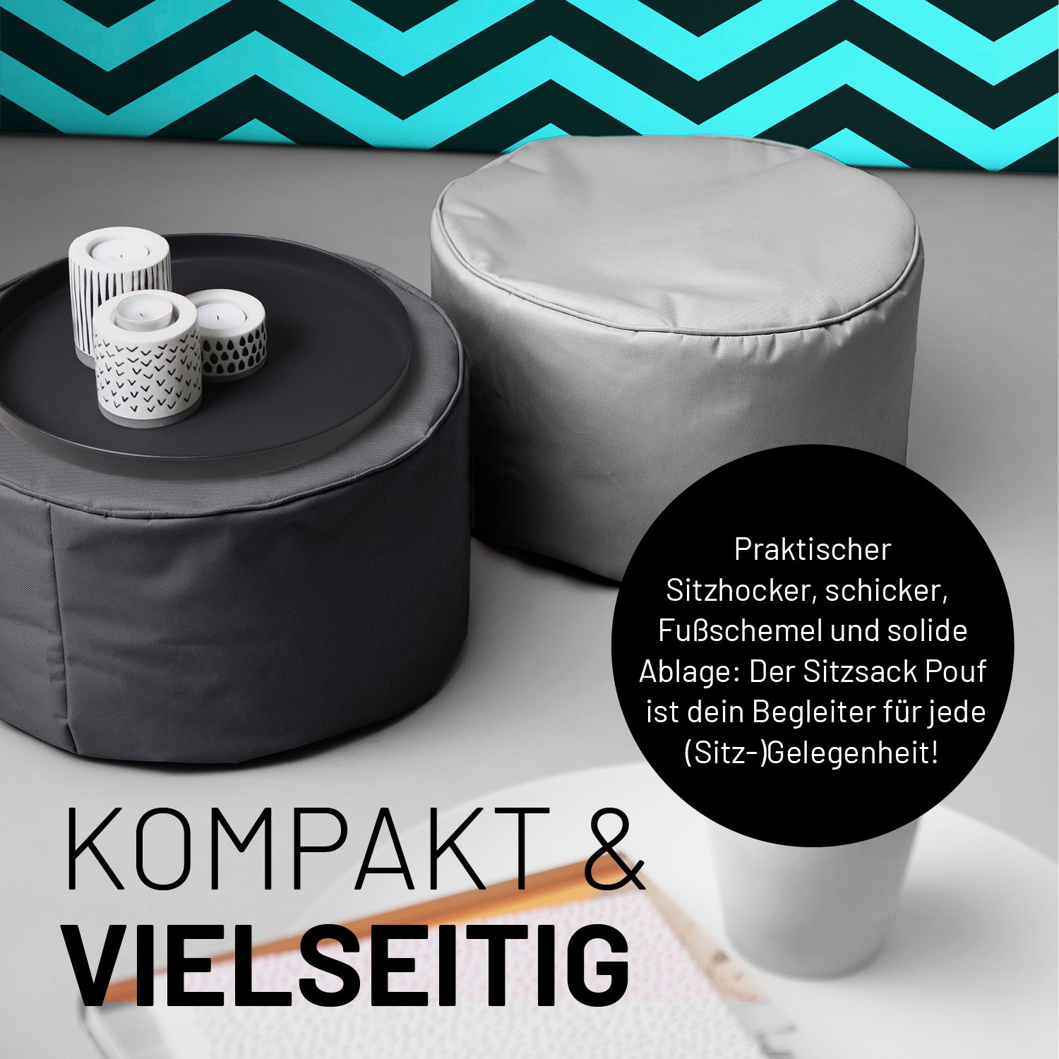 Sitzsack-Hocker/Pouf (50 L) Anthrazit, moderner Sitzhocker & Fußschemel, für indoor & outdoor, pflegeleicht und vielseitig einsetzbar.