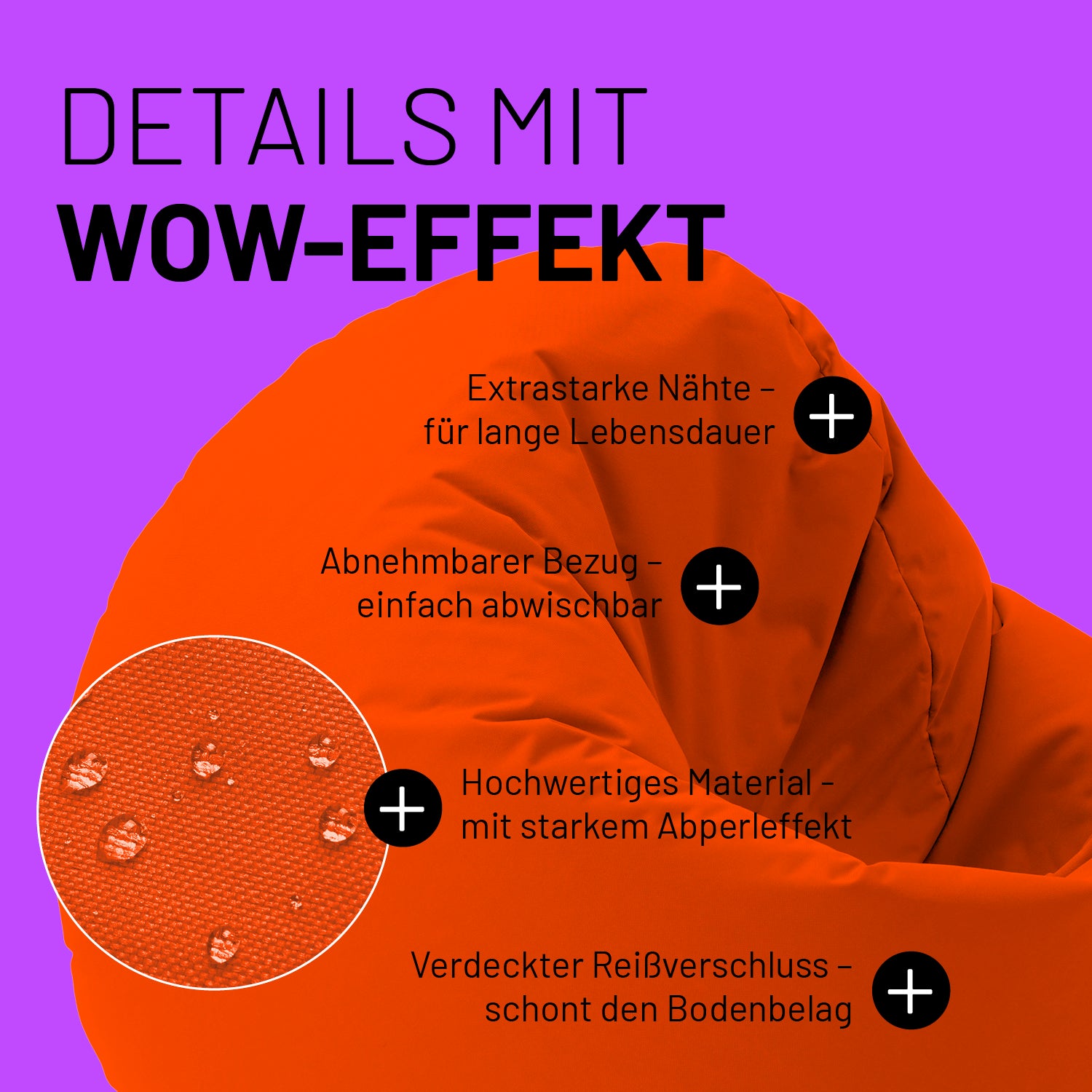 Sitzsack Drops (300 L) Orange mit extrastarken Nähten, abnehmbarem Bezug, Abperleffekt und verdecktem Reißverschluss für drinnen & draußen.