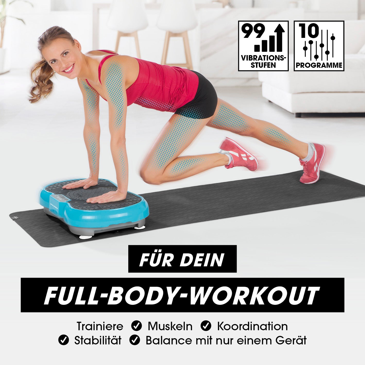 Vibrationstrainer - 4-tlg. - türkis für Ganzkörpertraining mit 99 Vibrationsstufen und 9 voreingestellten Programmen, großes LCD-Display.
