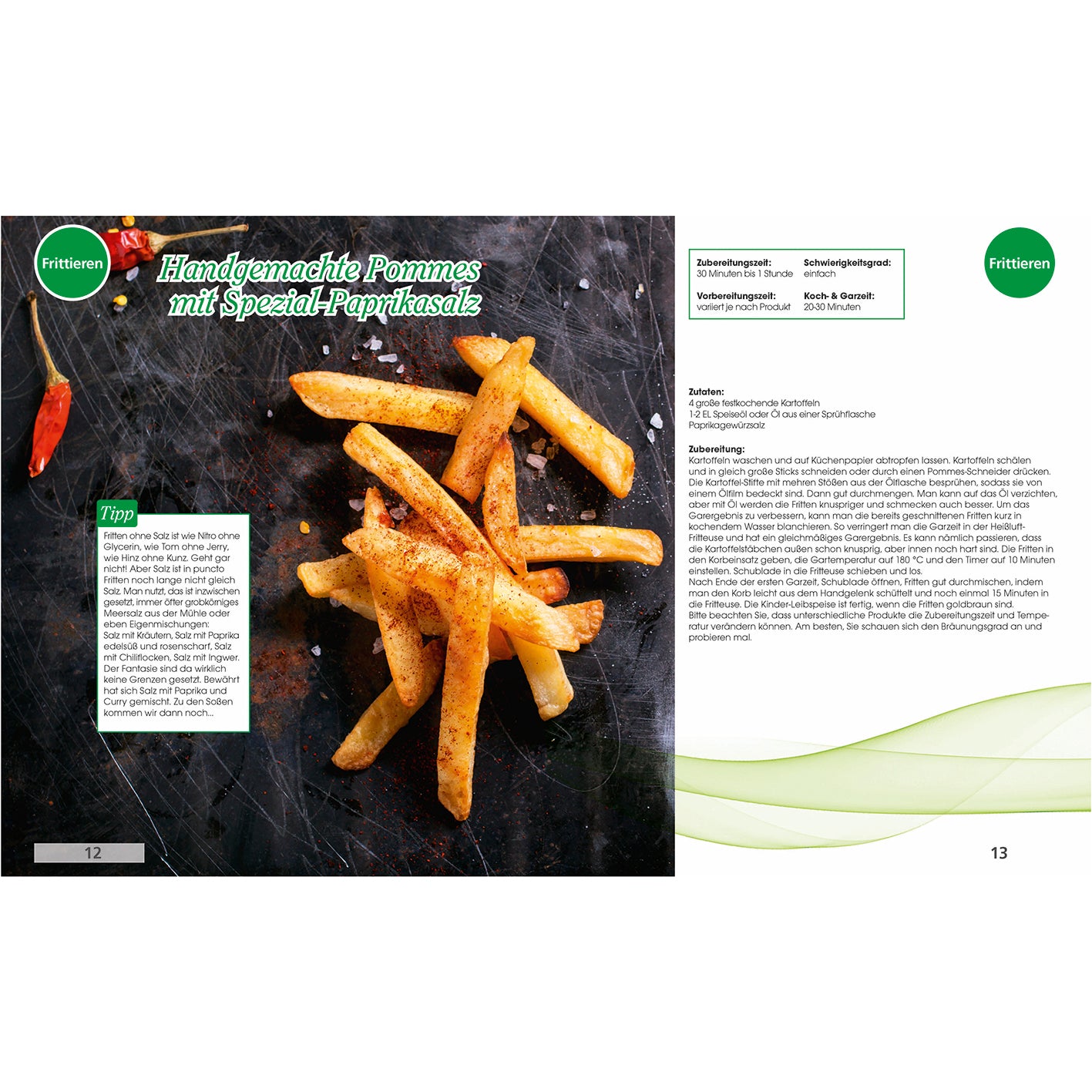 Buch Heißluft-Fritteuse mit 70 Rezepten zeigt Rezept für handgemachte Pommes mit Spezial-Paprikasalz für fettarmes Frittieren.