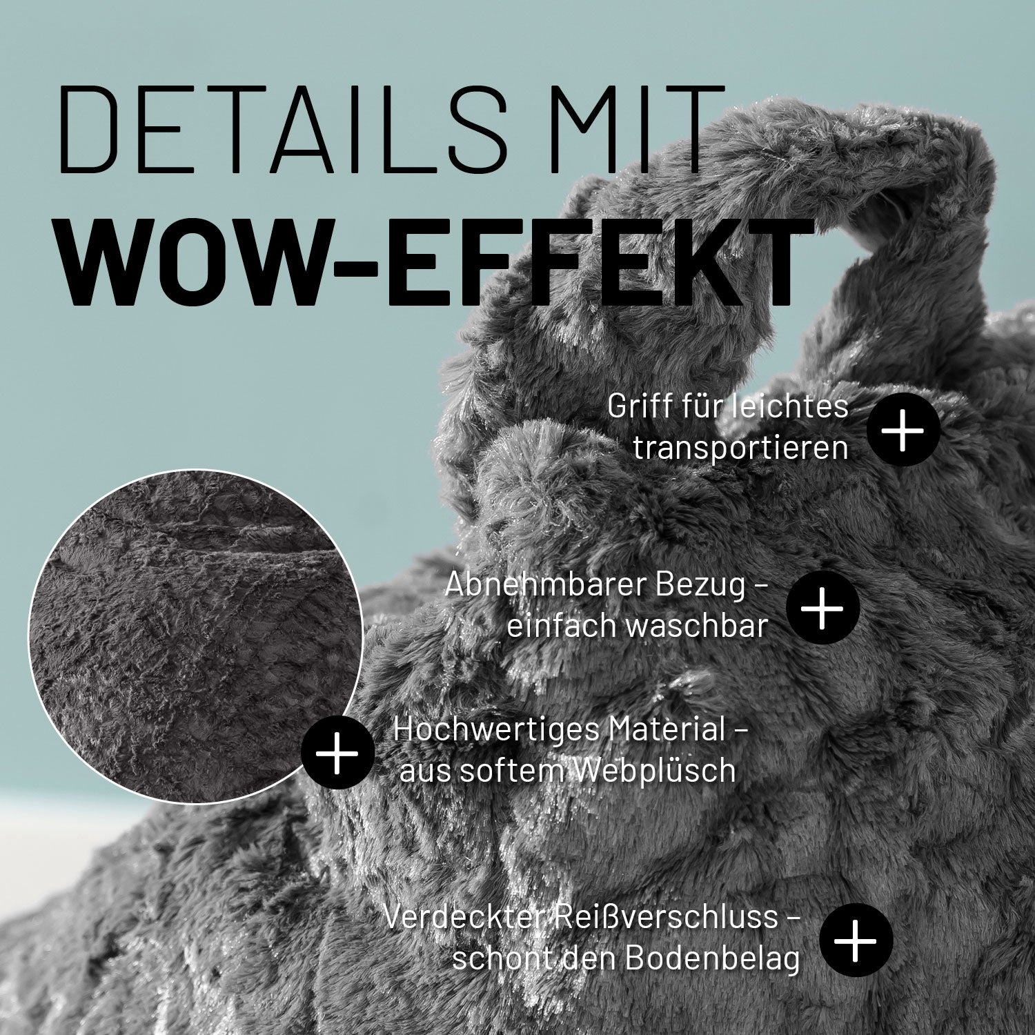 Luxury Fluffy Sitzsack (120 L) Grau aus weichem Webplüsch mit Griff, abnehmbarem Bezug und verdecktem Reißverschluss.