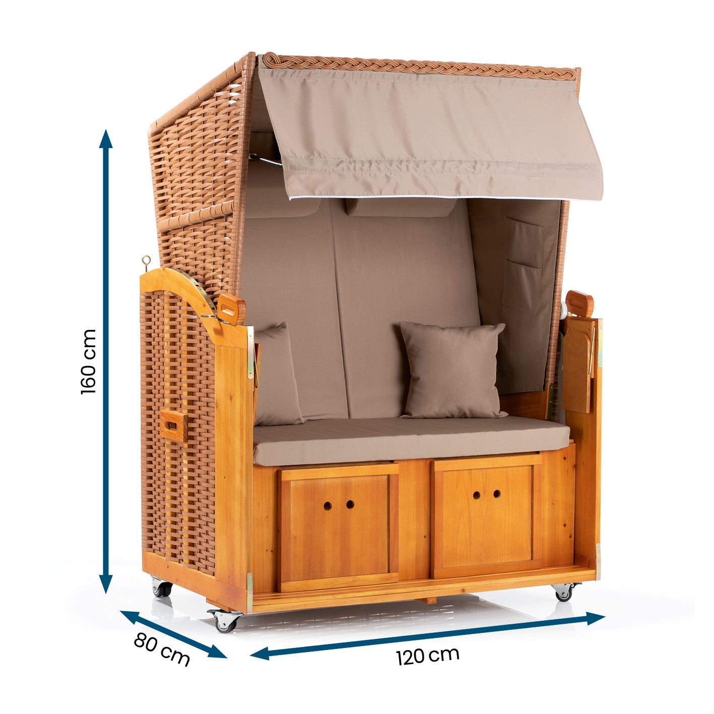 2-Sitzer-Strandkorb (Ostsee) mit Rollen aus Hartholz und PE-Geflecht, inklusive Kissen und verstellbarem Sonnenschutz.