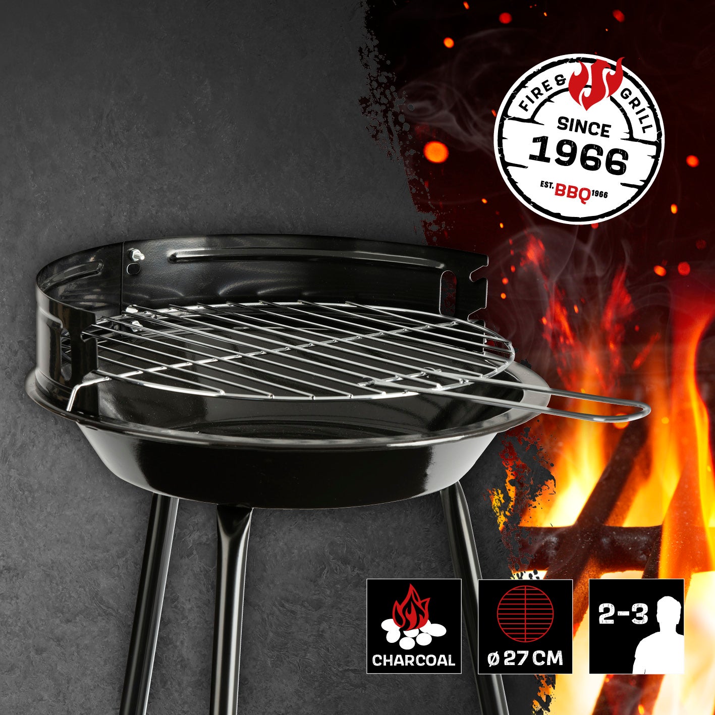 Holzkohle-Rundgrill mit verchromtem Grillrost, 27 cm Ø, stabilem Stand und Windschutz, ideal für 2 bis 3 Personen beim mobilen Grillen.