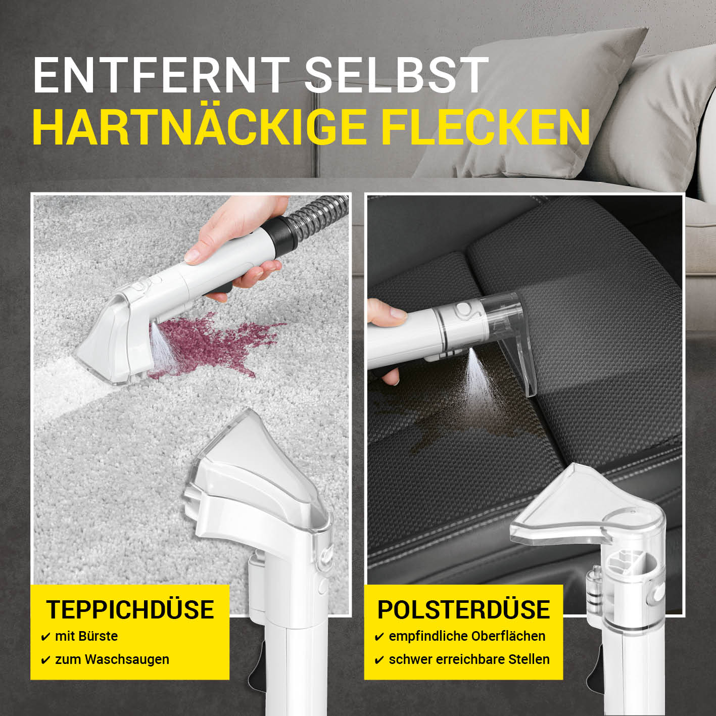 Polster- & Teppichreiniger mit Sprühfunktion und Düsen zur gründlichen, kraftvollen Reinigung von Teppichen und Polstern.