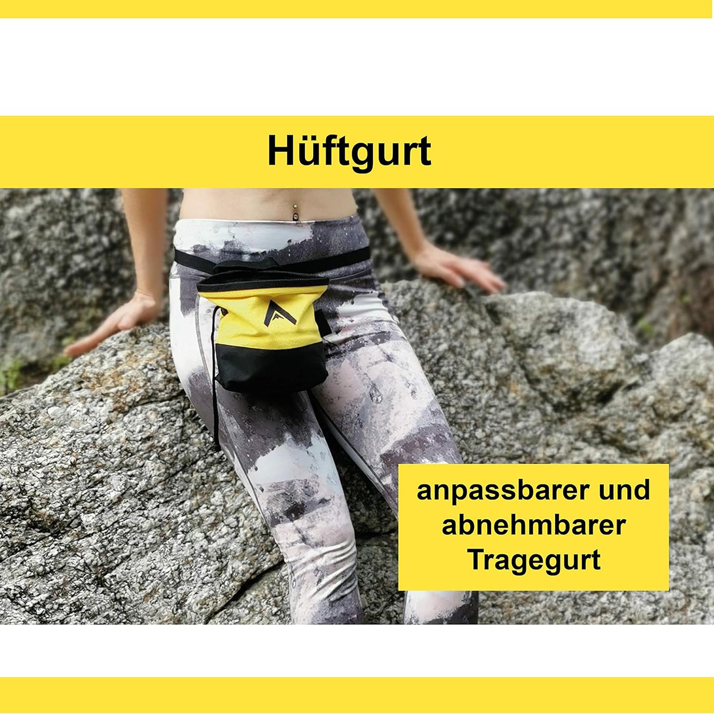 Kreidebeutel - Hüftgurt - Gelb mit verstellbarem, abnehmbarem Gurt, ideal für Klettern und Bouldern, sichere Reißverschlusstasche