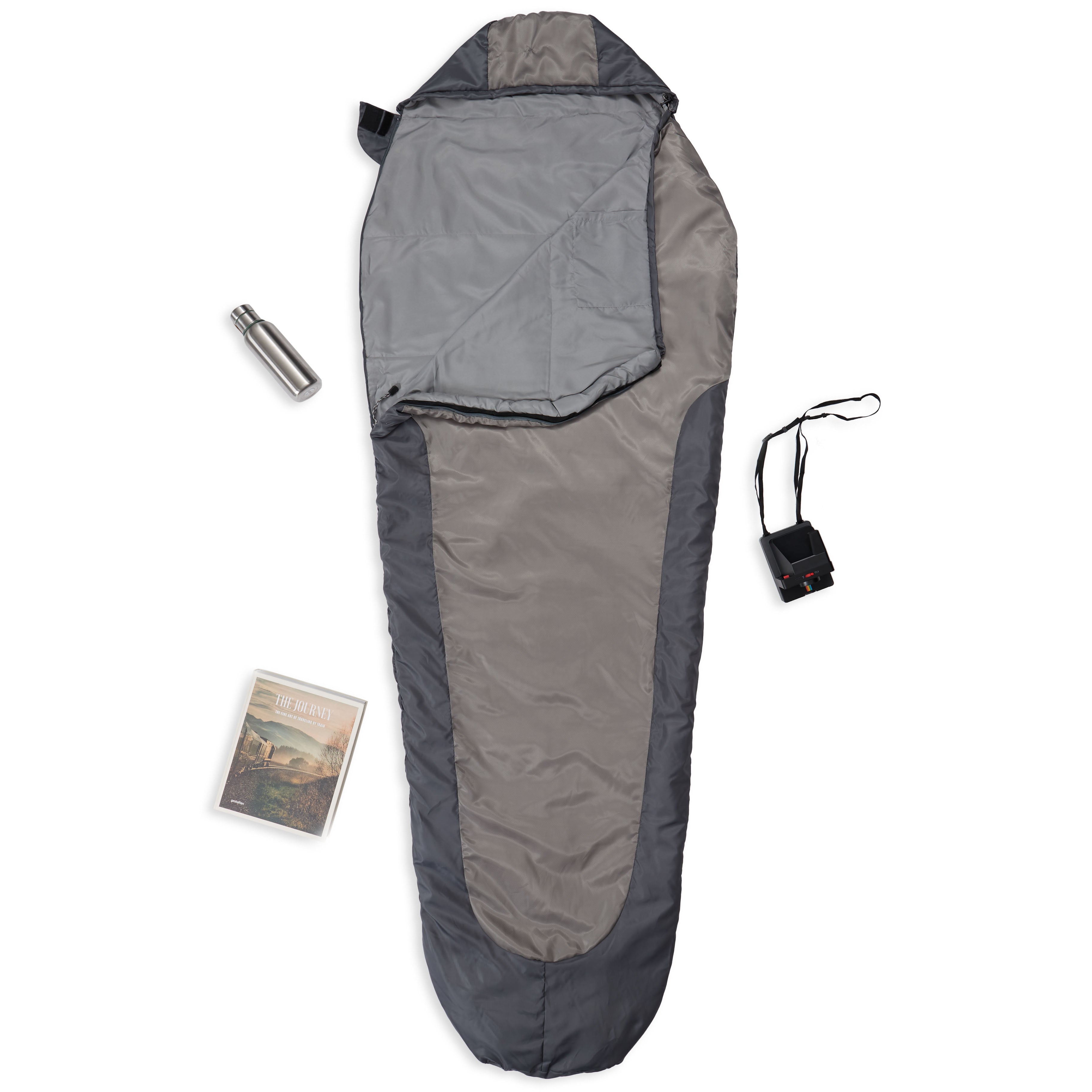 Camping Schlafsack Small & Light Mumienschlafsack hellgrau mit wasserabweisendem Material, Kordelzug, Kapuze und Packsack, 220 x 80 x 50 cm.