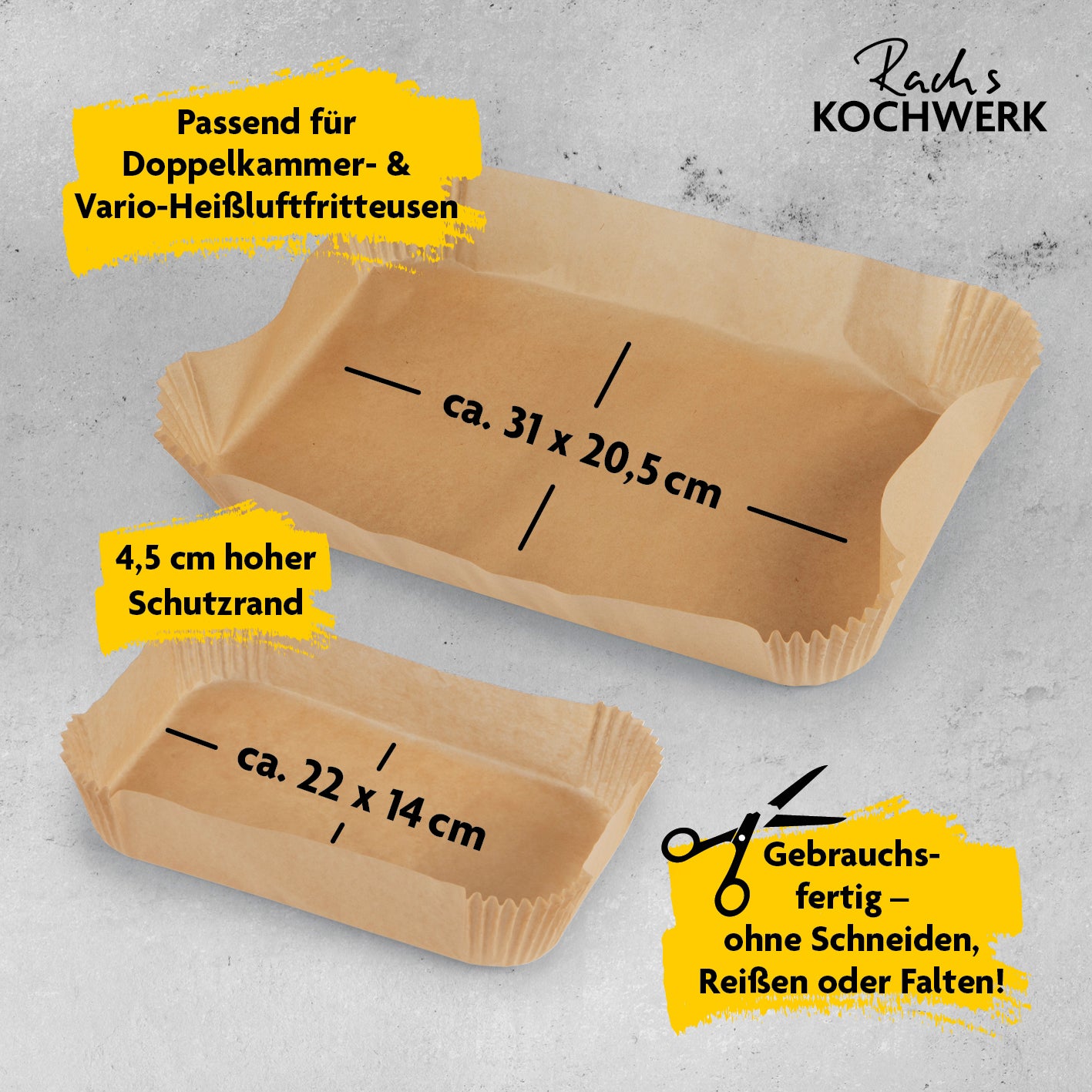 Backpapierschalen für Heißluftfritteusen 2er-Set (4,5 & 9 Liter) mit 2 Rezeptideen, hitzebeständig und mit hohem Rand.