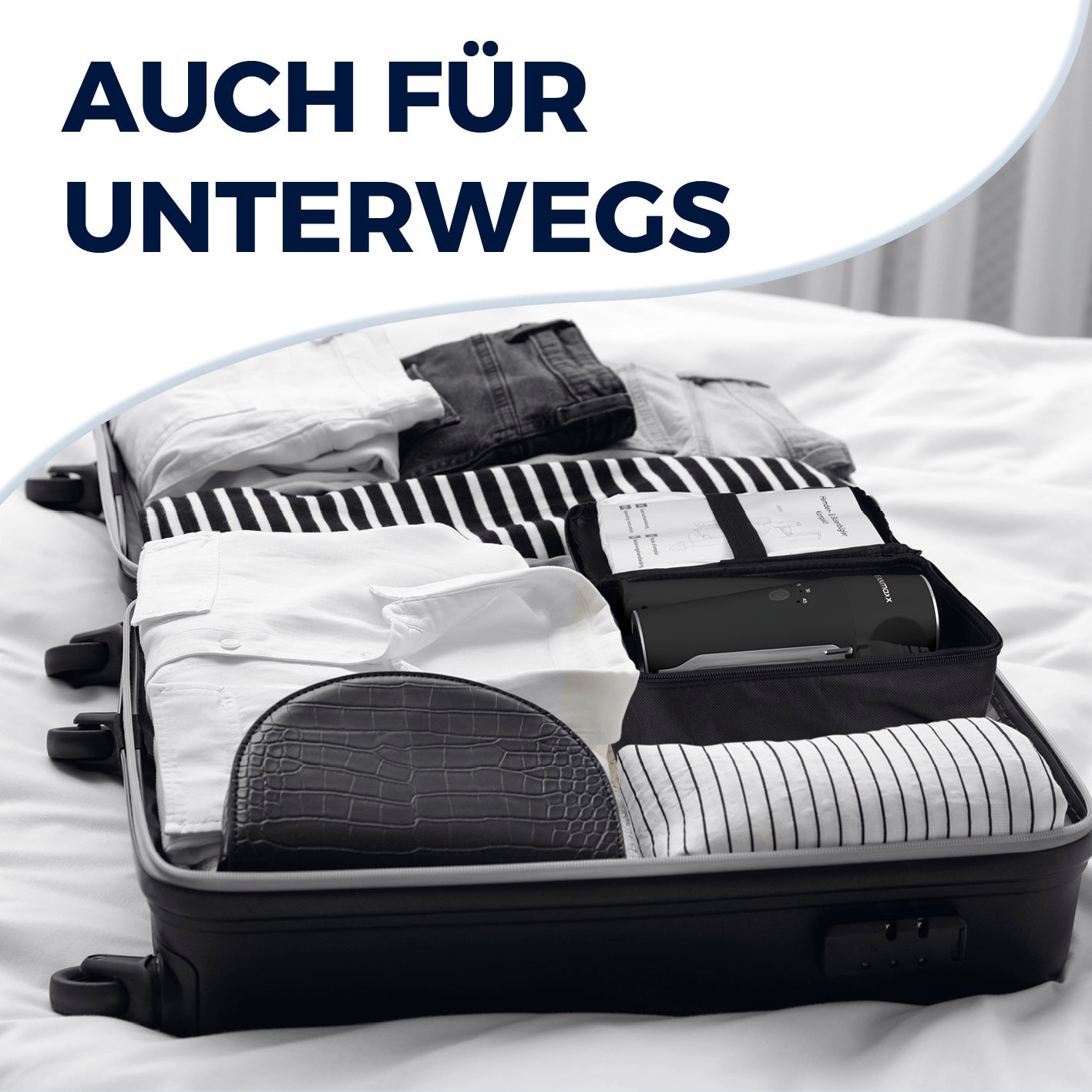 Hemdenbügler PRO KOMPAKT schwarz/silber im Koffer für platzsparendes, kompaktes Bügeln unterwegs und kleine Haushalte.