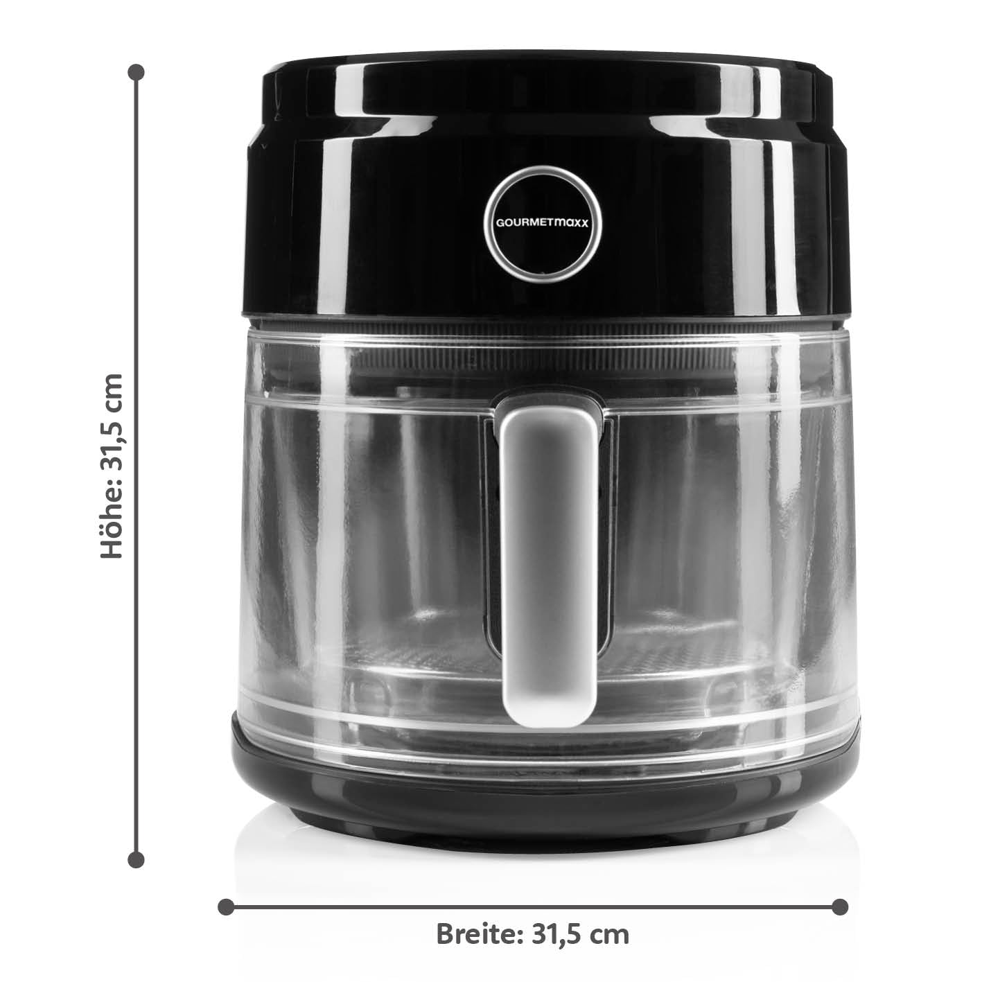 Heißluft-Fritteuse Digital mit Glas-Garkorb - 3,3 l schwarz, mit digitalem Touch-Display und 60-Minuten-Timerfunktion.