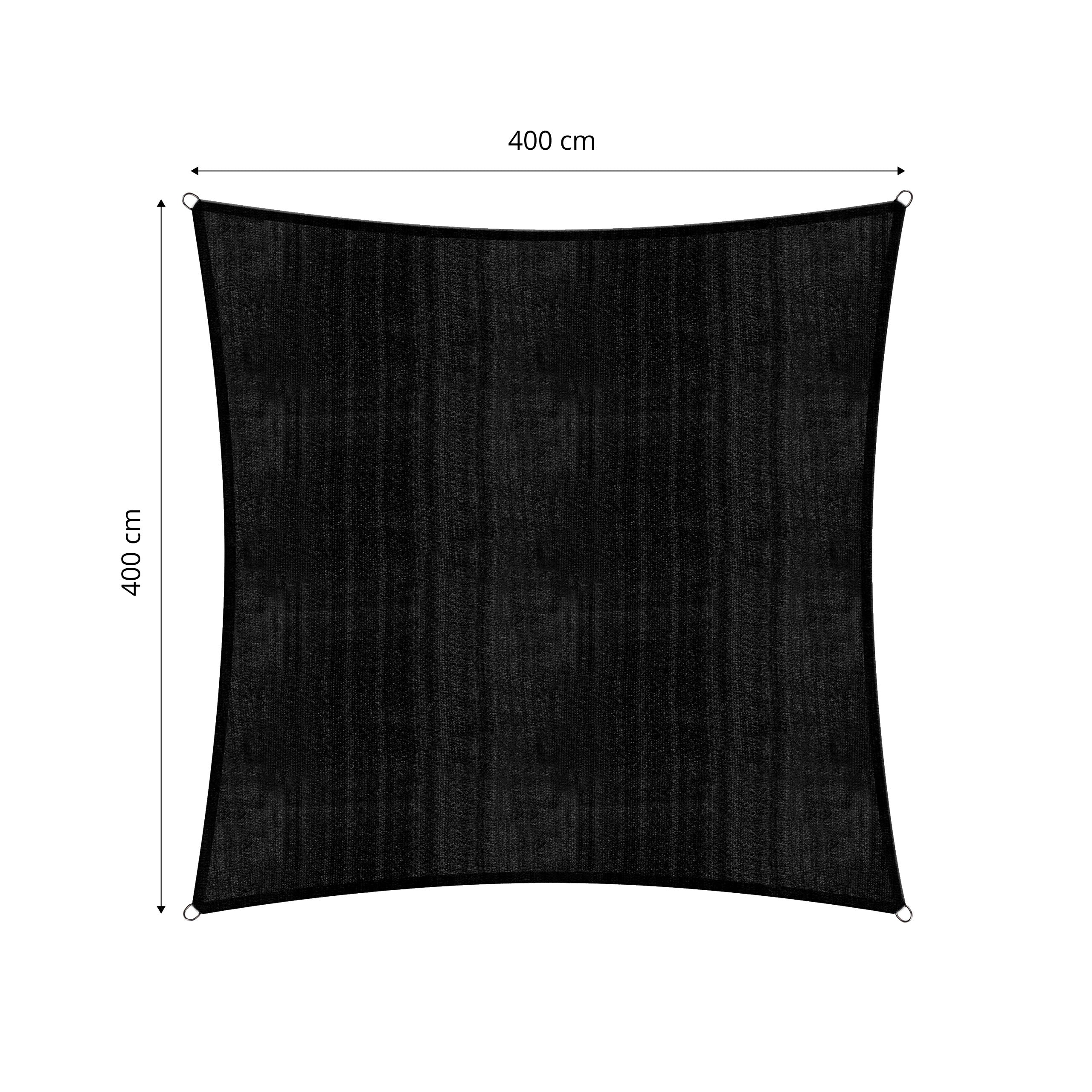 Sonnensegel 100% HDPE mit Stabilisator für UV-Schutz - Quadrat 4 x 4 Meter - Schwarz in stabilem, uv-beständigem Material mit Befestigungsringen.