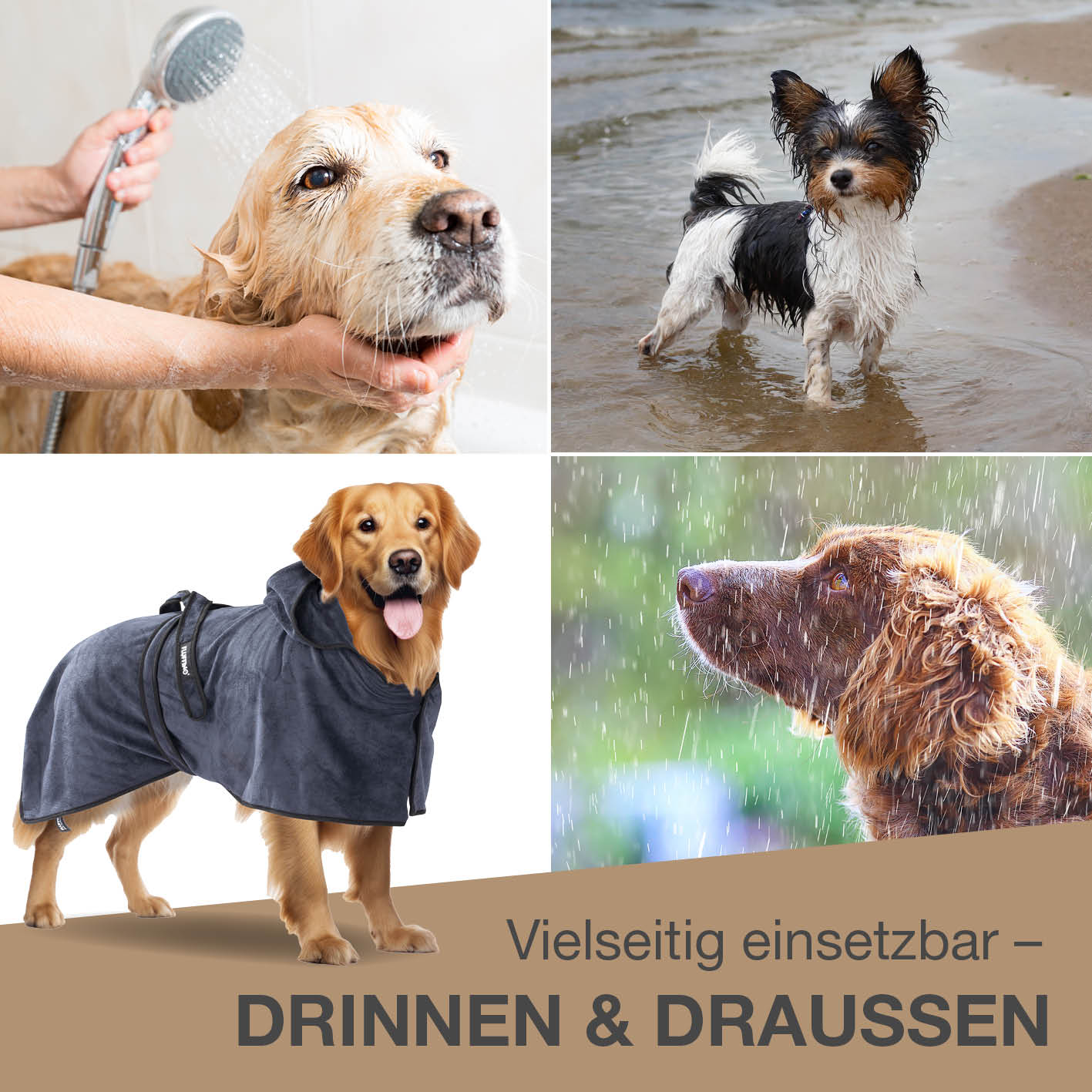Hundebademantel - Größe M - beige/blau, saugfähig, schnell trocknend, mit Kapuze und Klettverschluss für mittlere Hunde, drinnen und draußen.