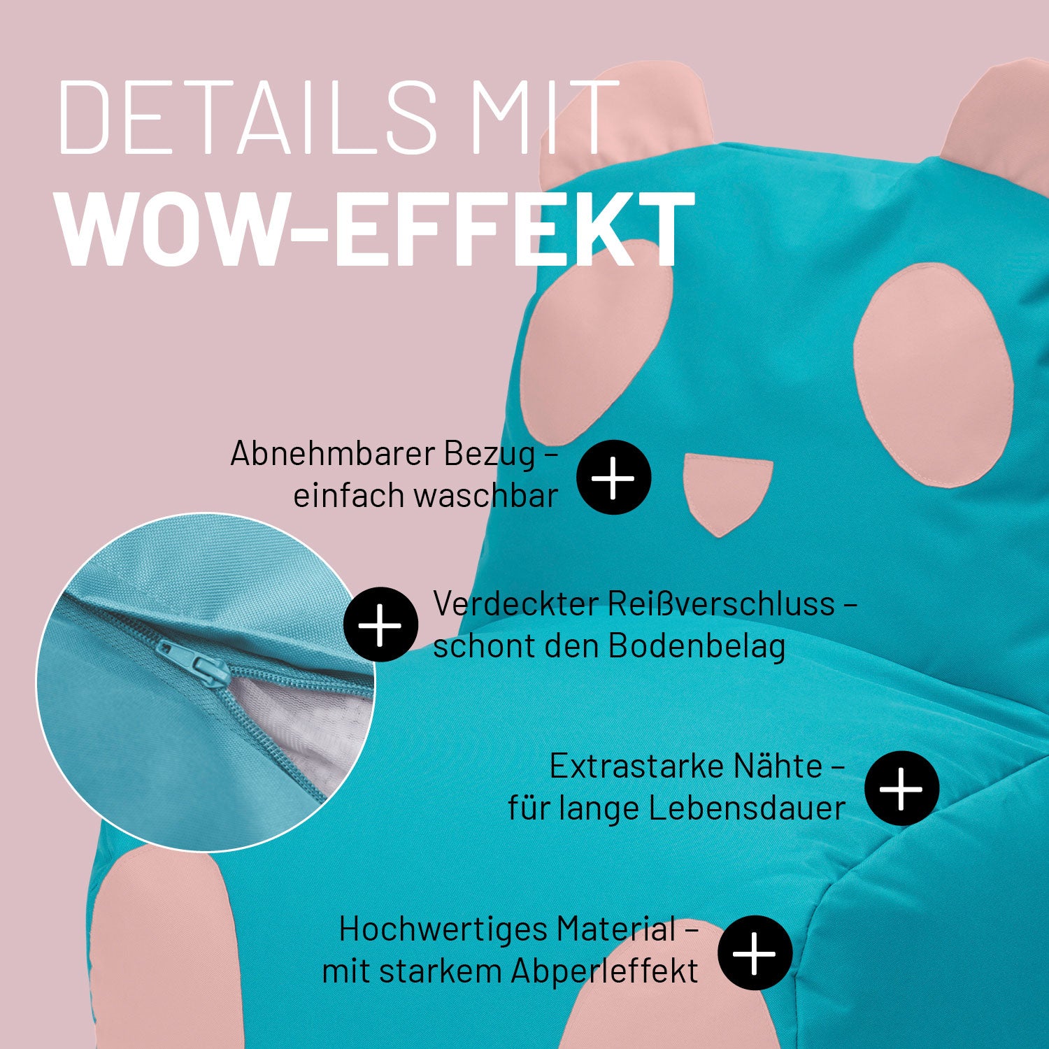 Kindersitzsack Animal Line Panda (180 L) in Türkis/Pastell Pink mit waschbarem Bezug, verdecktem Reißverschluss und abperleffekt.
