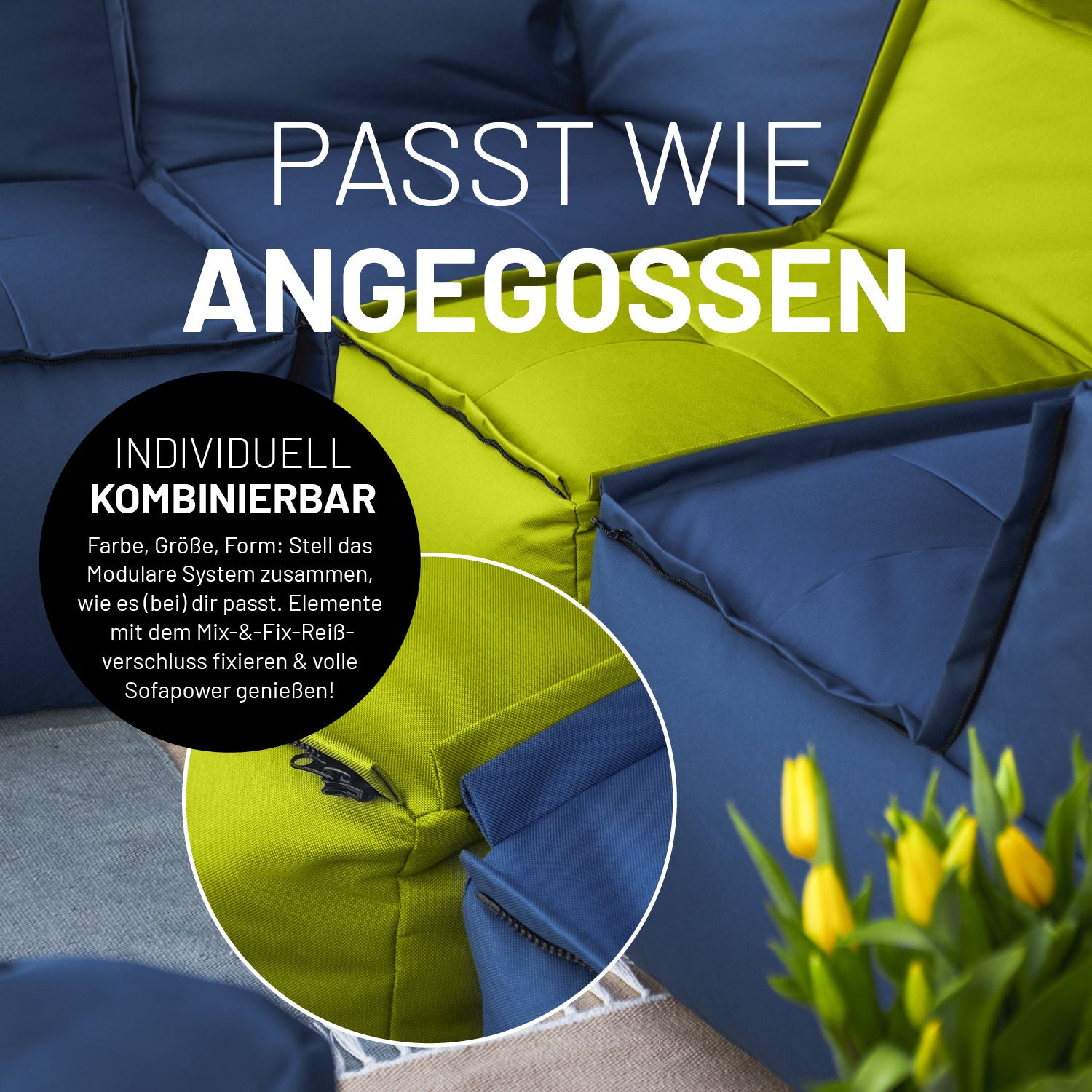 Basic Set (5-tlg.) - Modulares System - In- & outdoor - Apfelgrün mit Mix-&-Fix-Reißverschluss für individuelle Kombinierbarkeit.