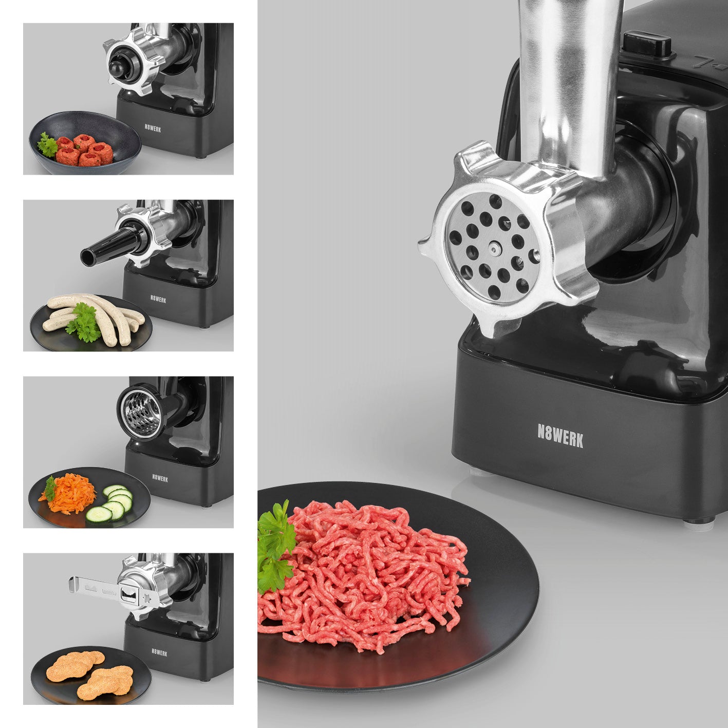 Fleischwolf inkl. Rücklauf-Funktion - max. 2000 W - Midnight Edition mit vielfältigen Aufsätzen für Fleisch, Wurst und Gemüsezubereitung.