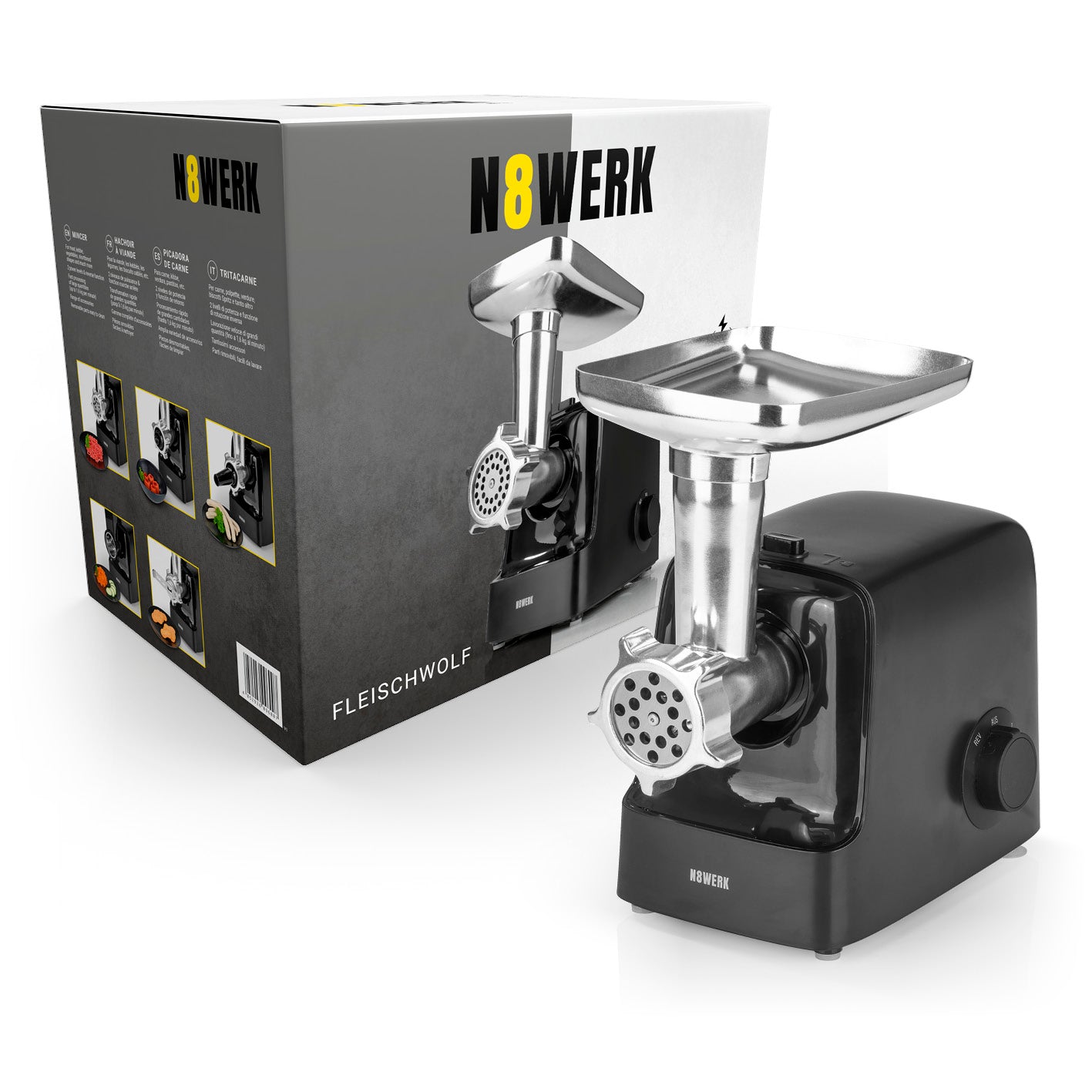 Fleischwolf inkl. Rücklauf-Funktion - max. 2000 W - Midnight Edition mit Zubehör und 2 Leistungsstufen in elegantem Schwarz.