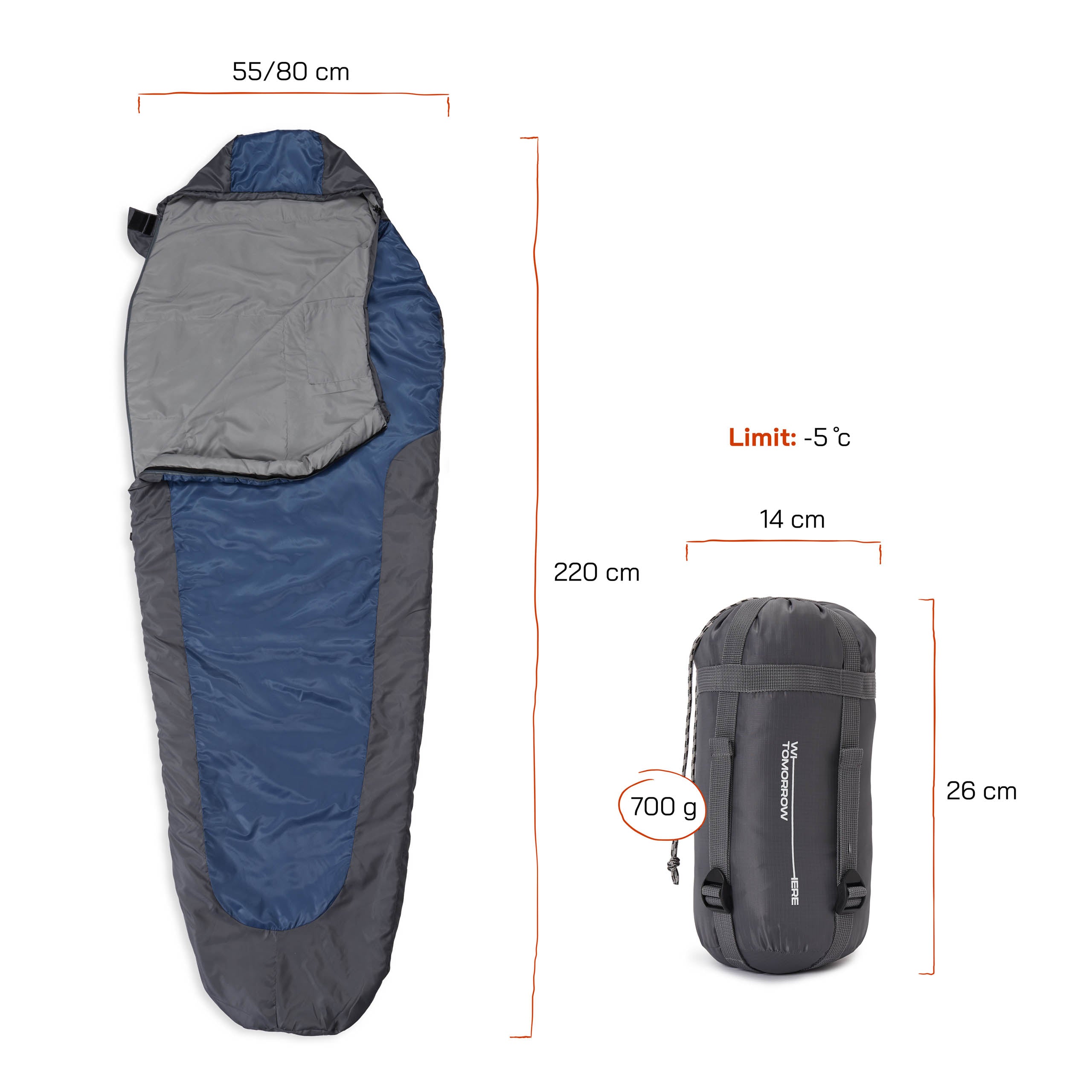 Camping Schlafsack Small & Light - Mumienschlafsack grau-navyblau, 220x80x50 cm, wasserabweisend, mit Packsack, bis -5 °C geeignet.