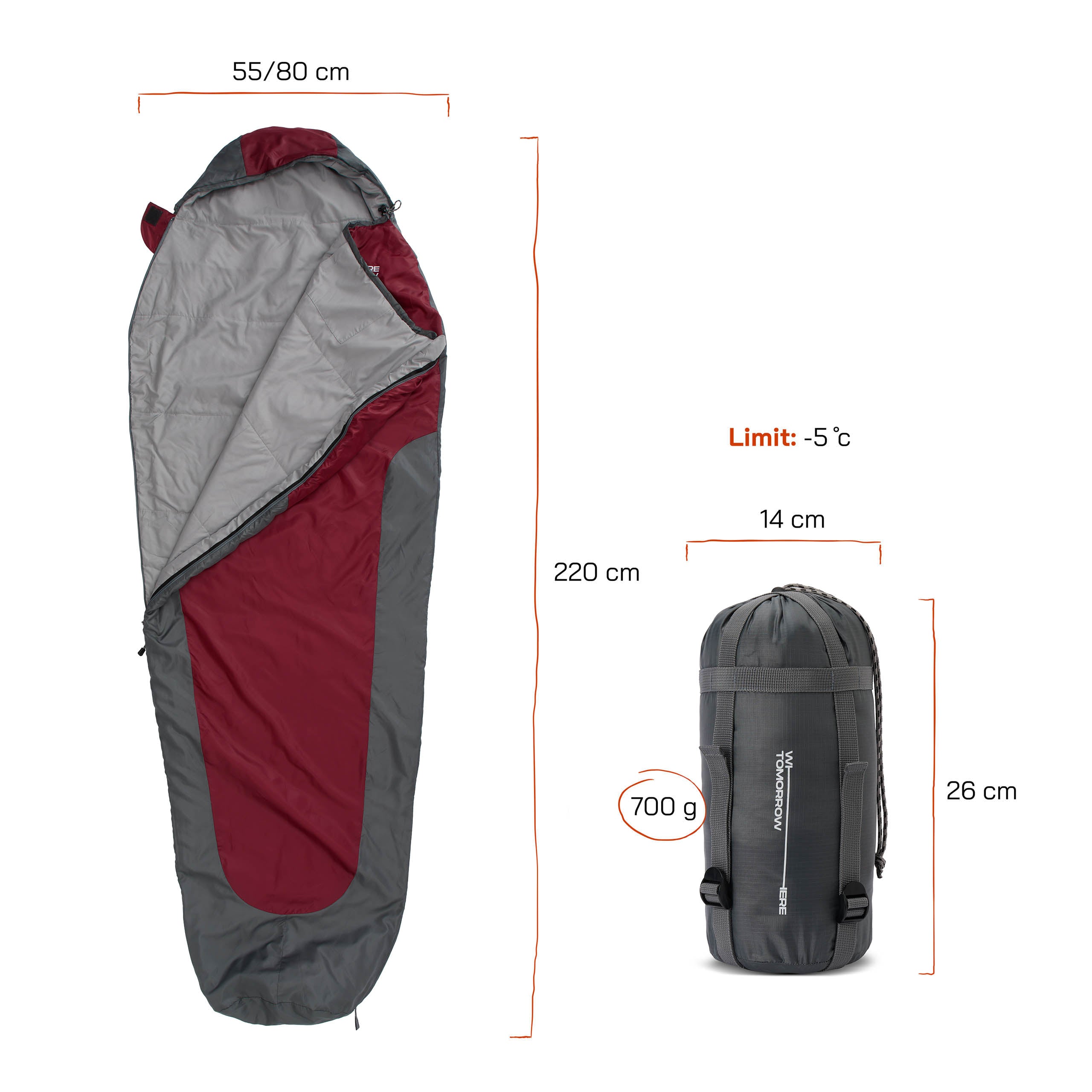 Camping Schlafsack Small & Light - Mumienschlafsack mit Tasche - 220 x 80 x 50 cm - Rot-Grau