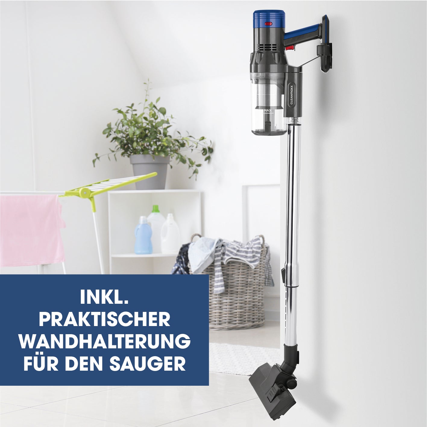 Kabelloser Hand- und Bodenstaubsauger mit Zyklontechnologie - anthrazit/blau mit Wandhalterung für praktisches Verstauen.