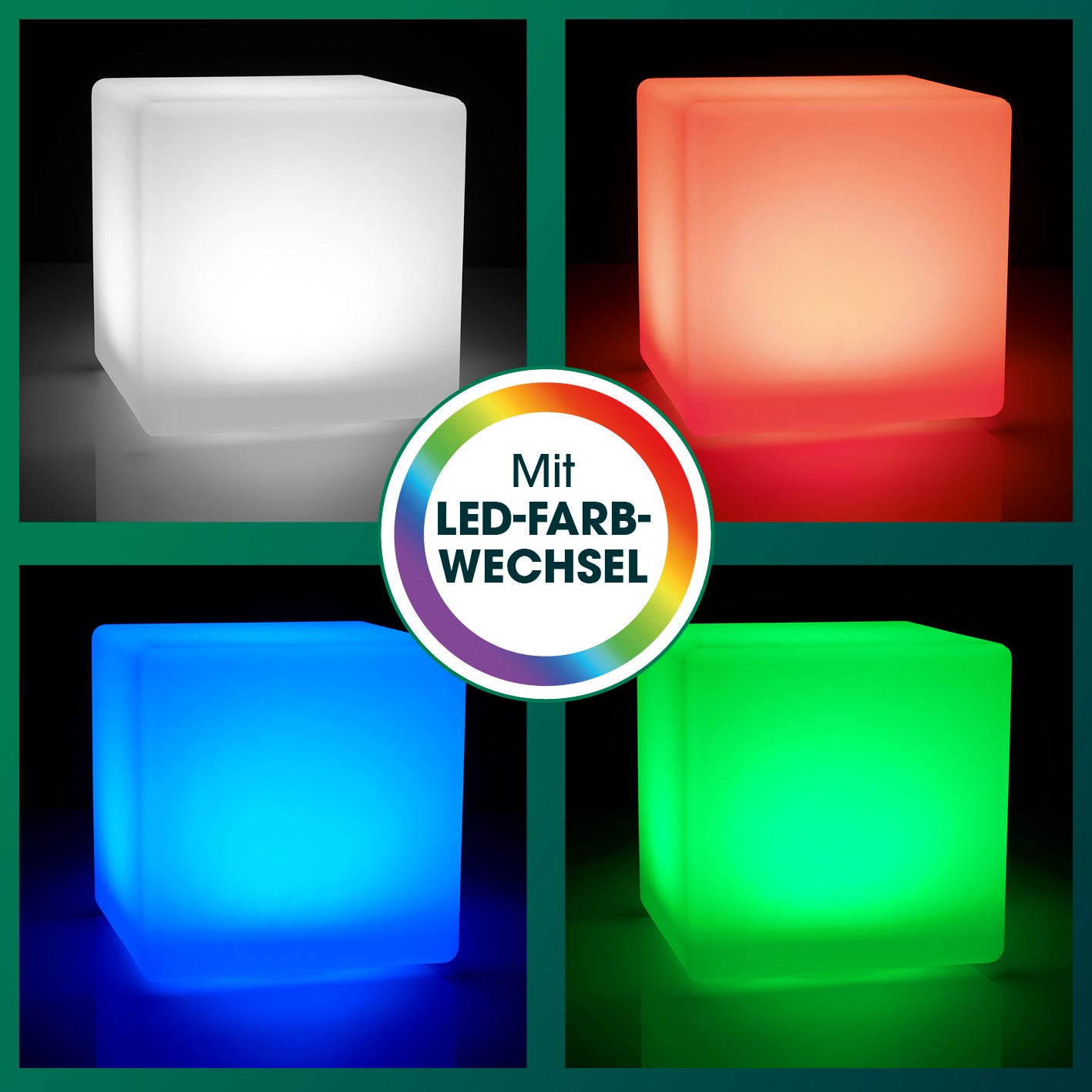 Solar-Leuchte Dekowürfel in moderner Würfelform mit warmweißem Licht und mehrfarbigem LED-Farbwechsel bei Nacht.