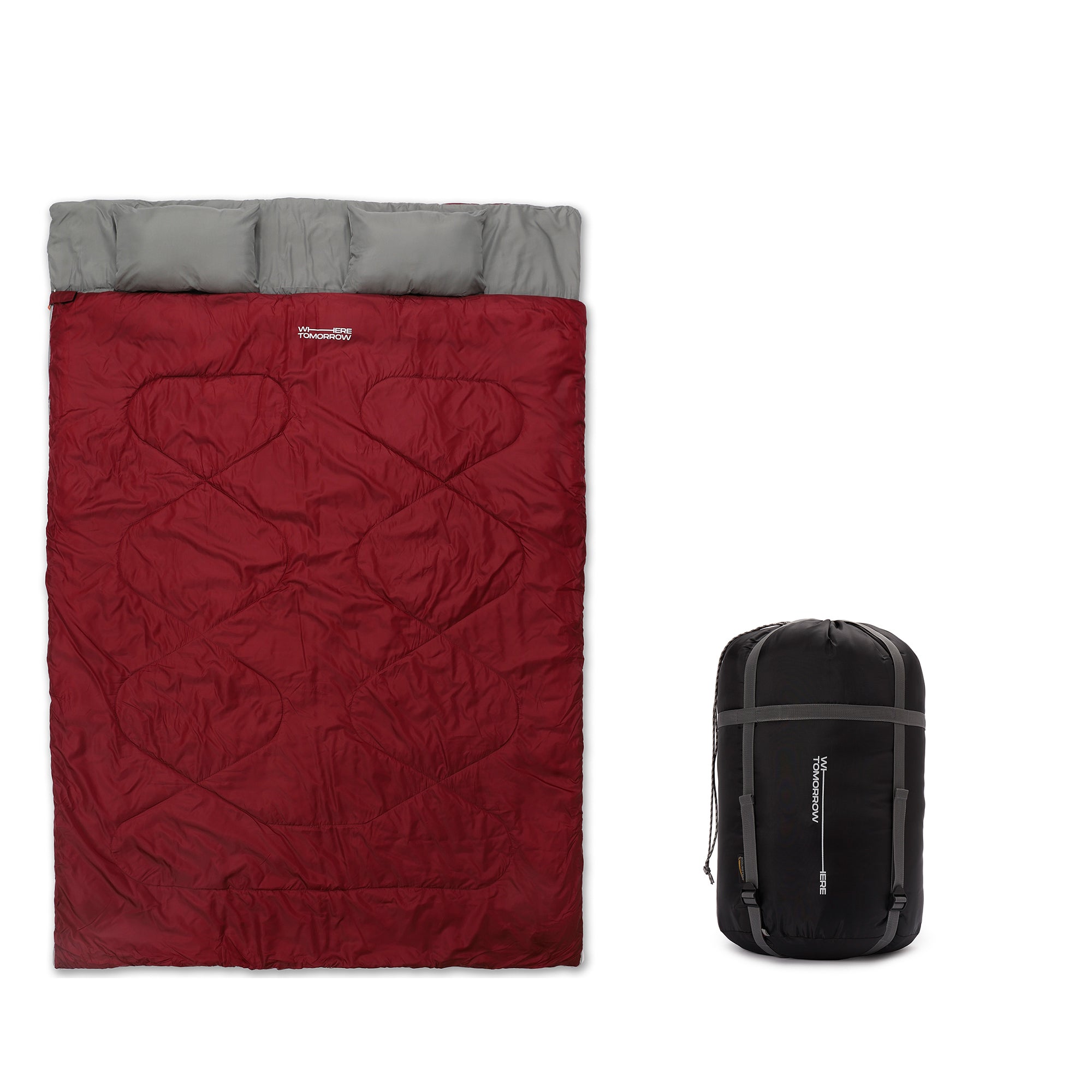 Doppelschlafsack mit Tragetasche - 2-Personen Schlafsack 190x150 cm in Weinrot mit praktischem Kompressionsbeutel.