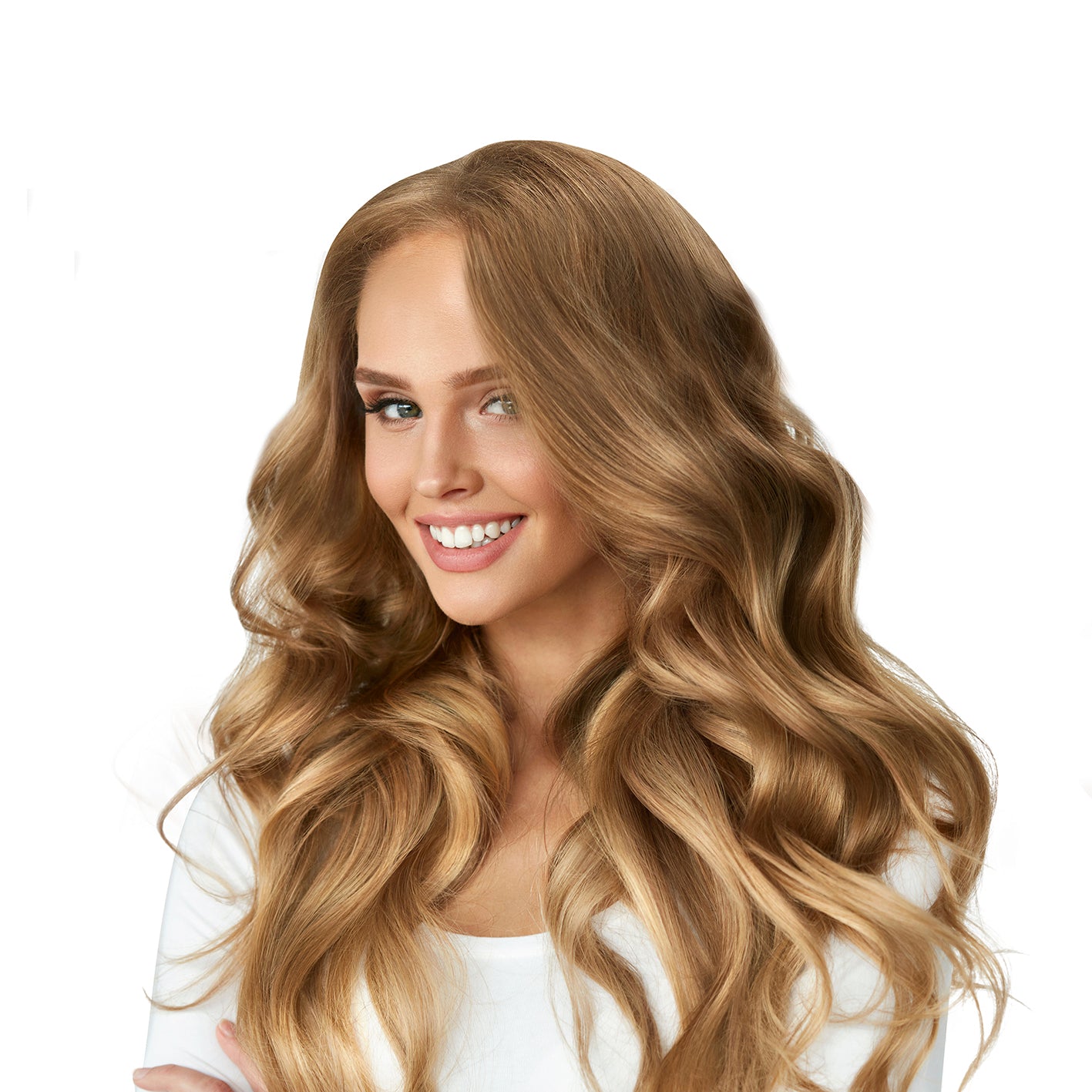 Frau mit voluminösen, welligen Haaren, gestylt mit dem Hair Styler Curl & Straight für Locken und glatte Haare.
