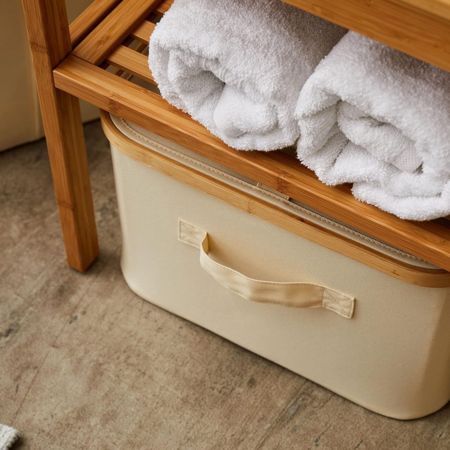 Aufbewahrungsbox mit Bambus-Rahmen - 3er-Set - Grau/Blau, faltbar, platzsparend, mit Deckel und stabilem Bambusrahmen.