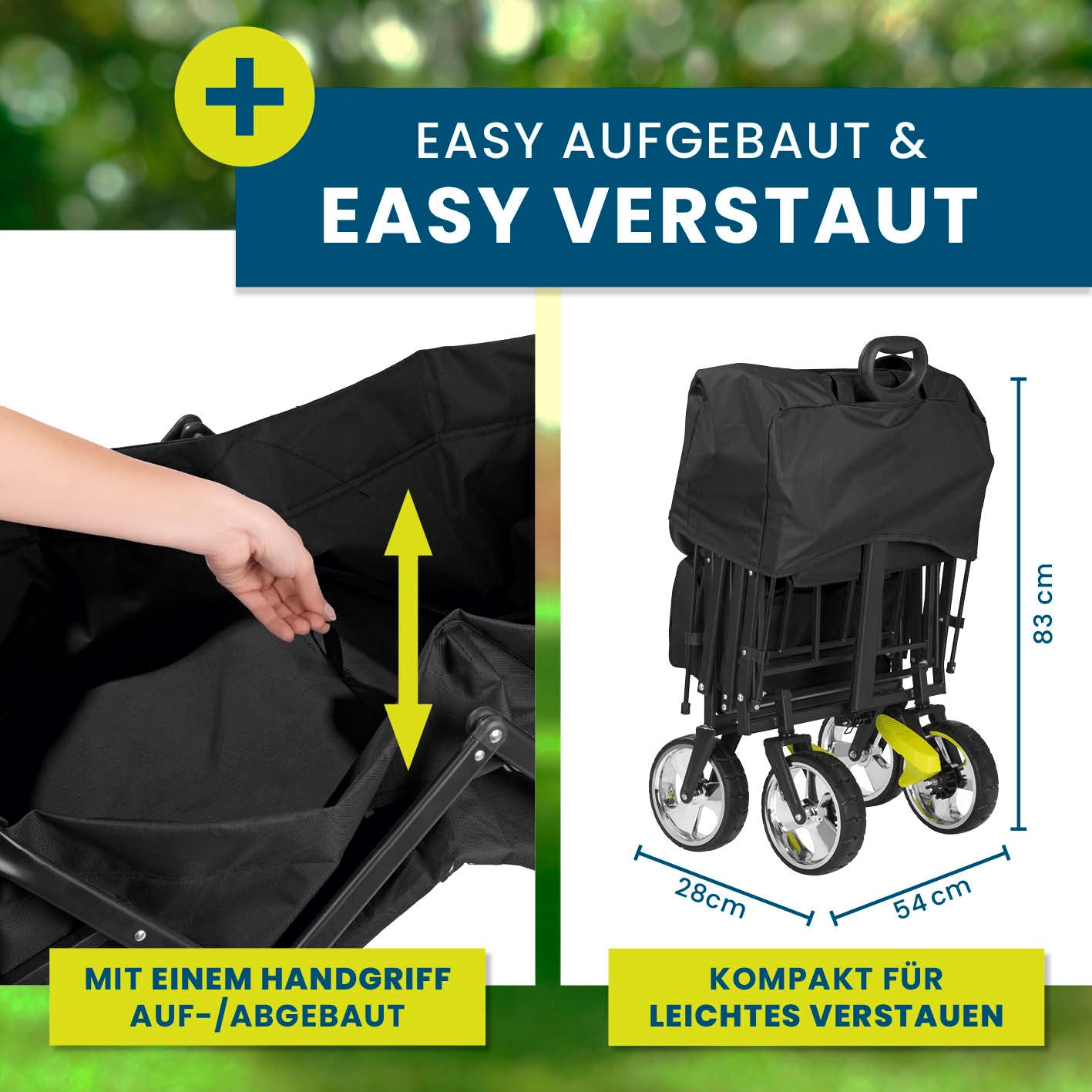 Faltbarer Bollerwagen - Schwarz mit Handgriff, kompakt zusammenfaltbar, robust, ideal für Ausflüge, einfach zu verstauen und transportieren.