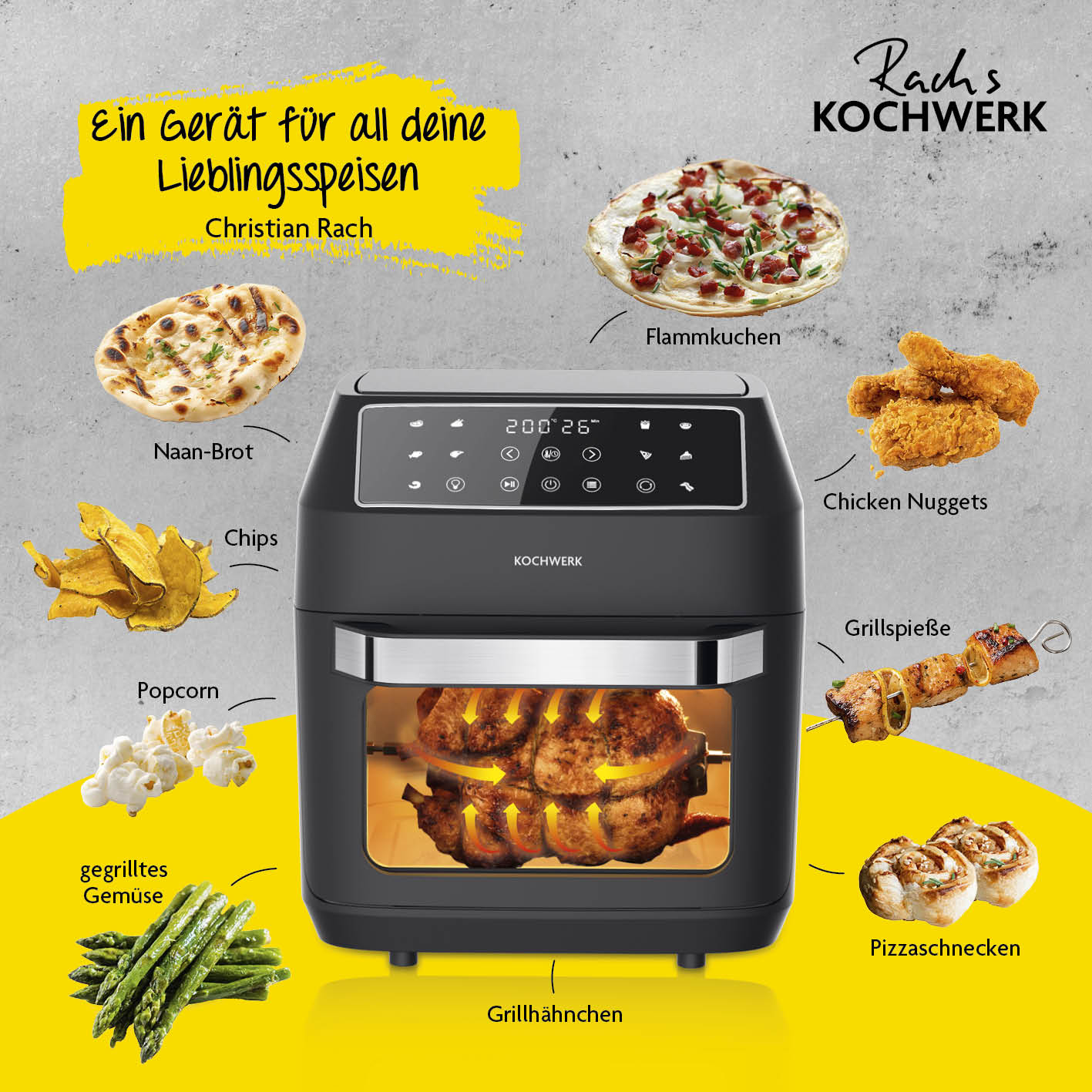 Heißluft-Ofen Digital 12l 1700W mit Touchdisplay für Grillhähnchen, Chicken Nuggets, Flammkuchen und mehr.