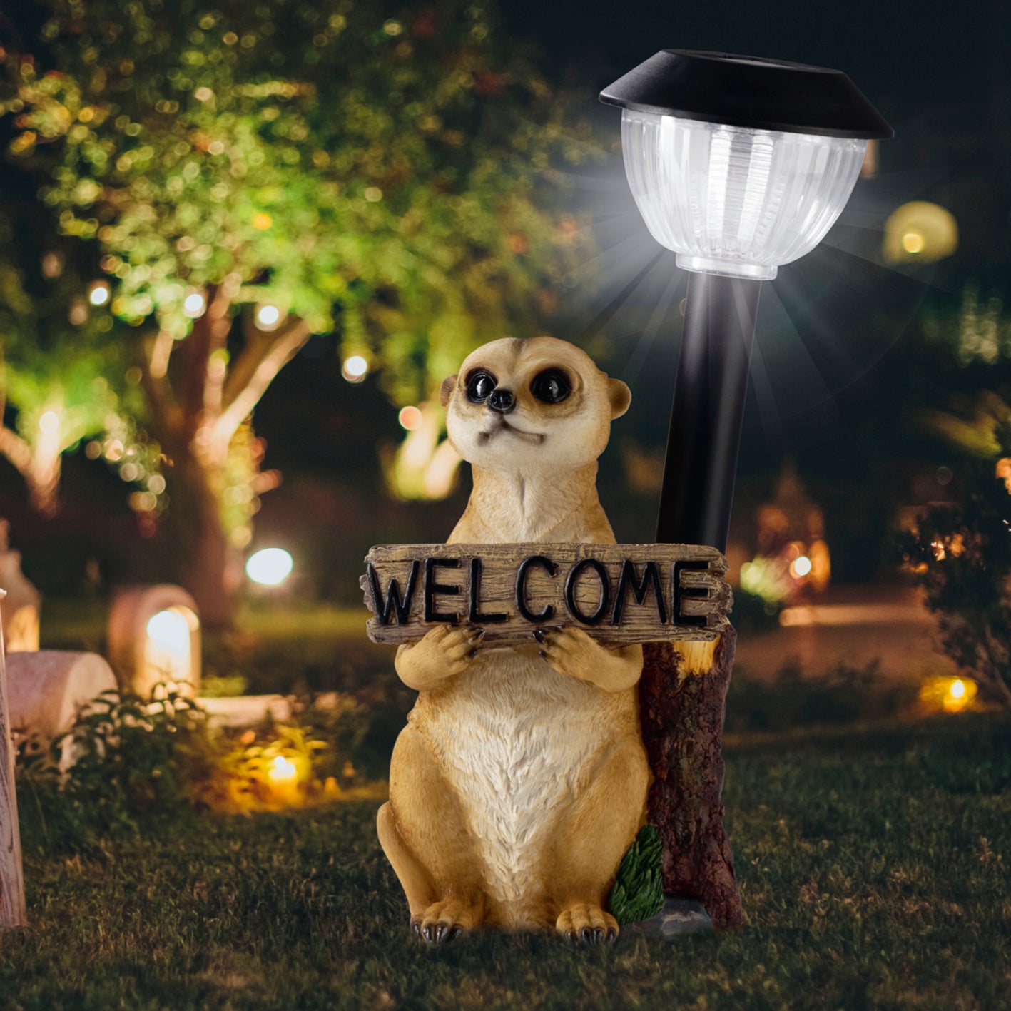 Solarleuchte Erdmännchen mit Laterne/Schild mit LED-Licht, Solarbetrieben, dekorativ und detailgetreu im Garten bei Nacht.