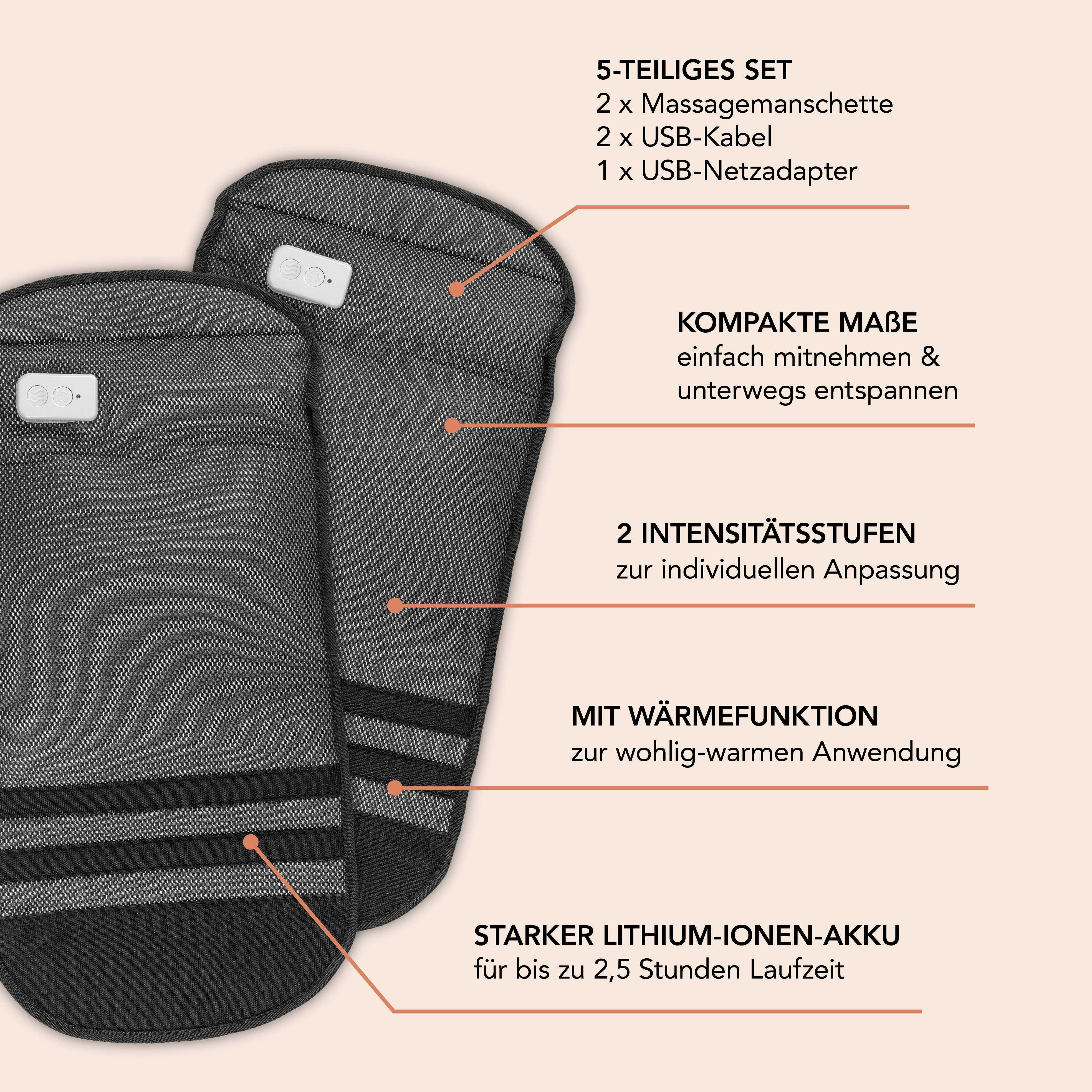 Venen-Massagegerät mit Wärmefunktion - 2 Intensitätsstufen, luftkomprimiert, stufenlos größenverstellbar, mit integrierter Wärmefunktion und Bedienelement.