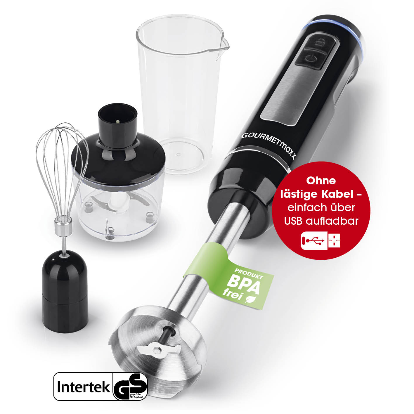 Akku-Stabmixer mit XL-Zubehör-Set kabellos, BPA-frei, mit Schneebesen, Zerkleinerer, Mixbecher und USB-C Ladekabel von GOURMETmaxx.